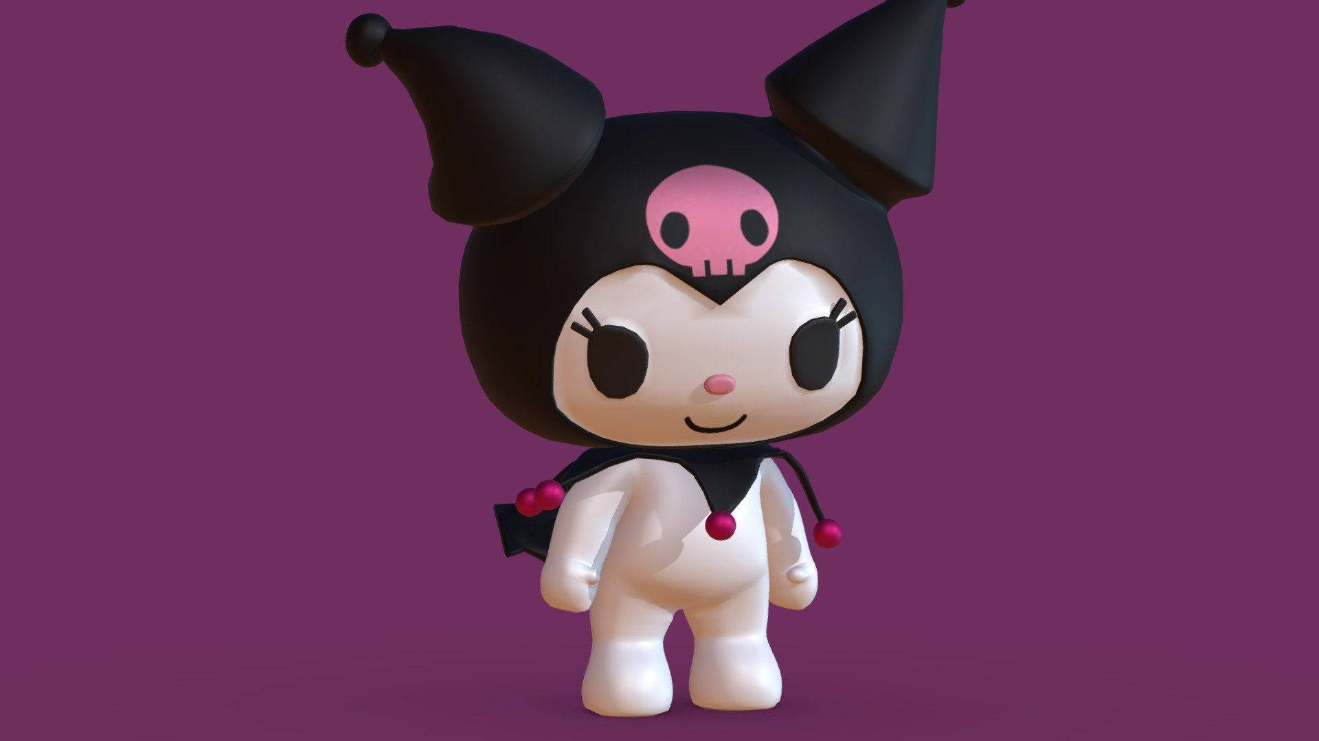 3D render of Kuromi, a popular Sanrio character, against a purple backdrop. She's depicted in her signature black jester's hat with pink skull, and her black cape with red pom-poms