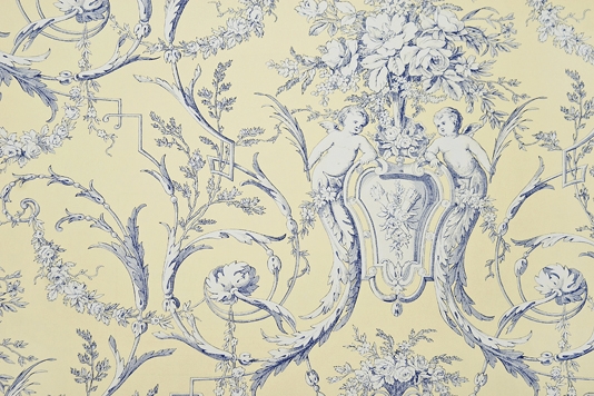 Wallpaper With Cherubs In White And Navy Blue On Strong Yellow