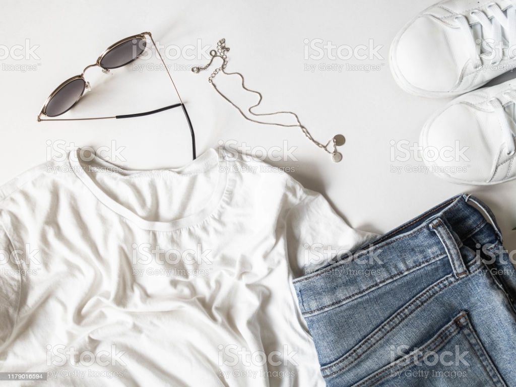 White Tshirt Blue Jeans Sunglasses Necklace And Sneakers On
