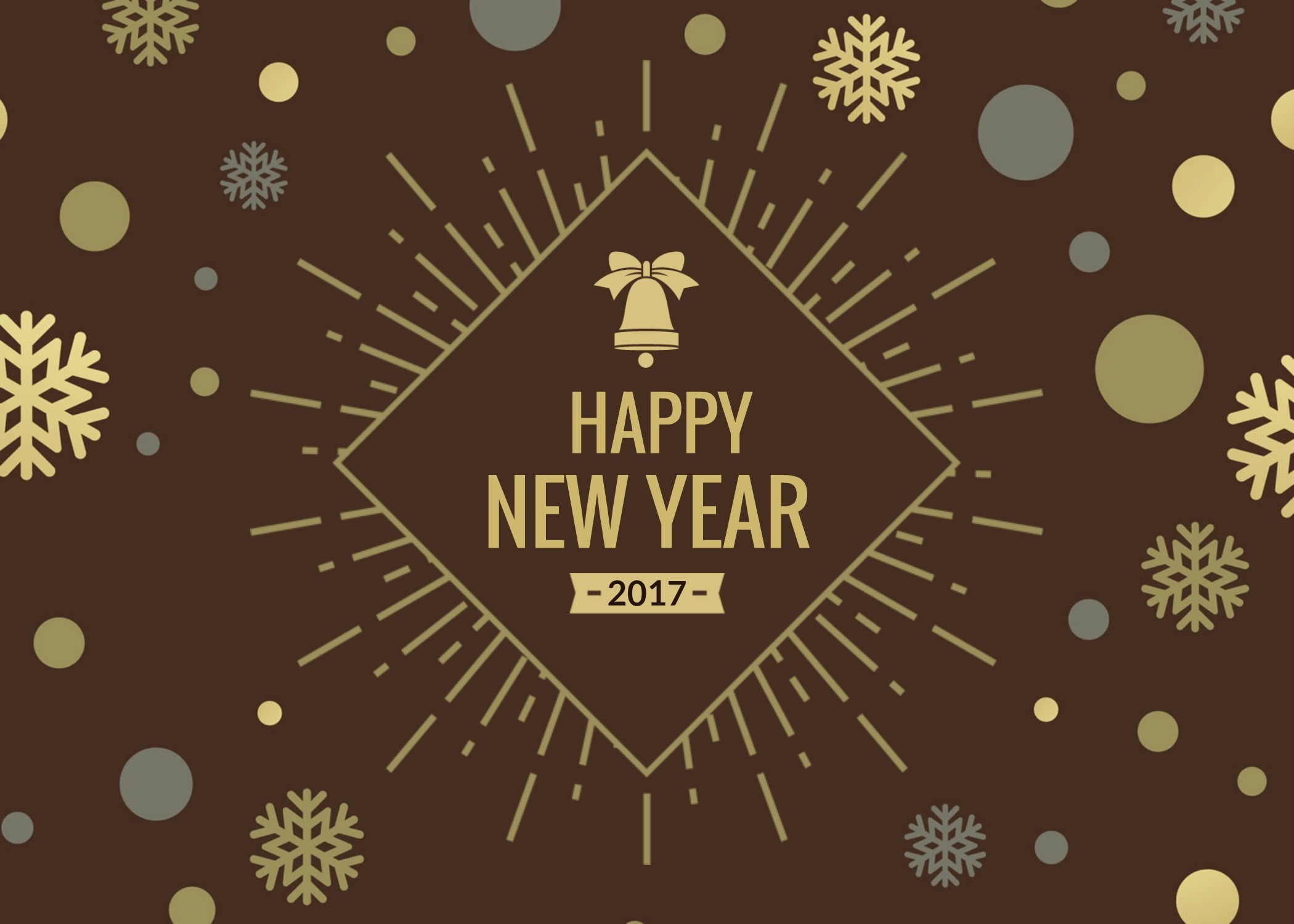 Happy New Year 2017 greeting card with festive gold bell, snowflakes and circles on a dark brown background