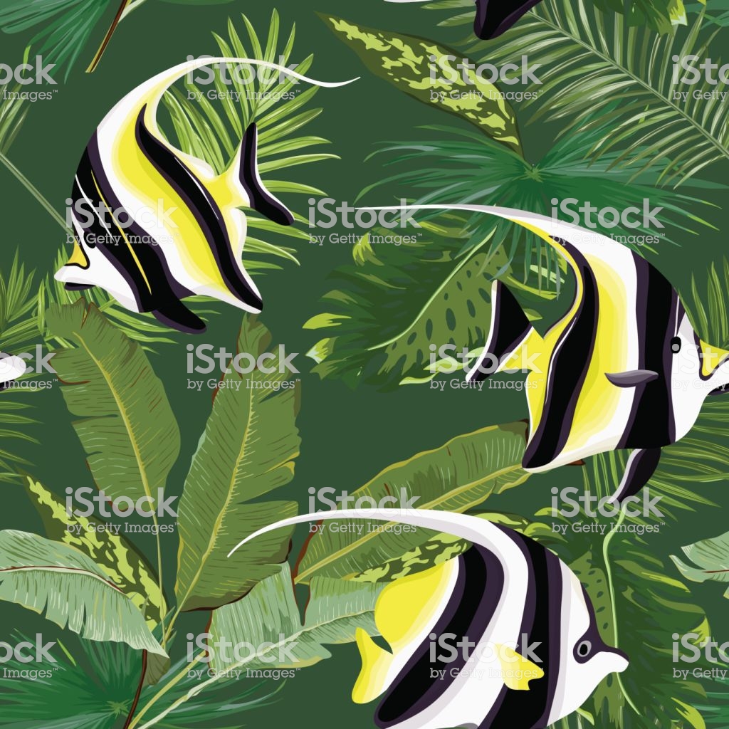 Vector Seamless Floral Palms Summer Graphic With Tropical Fish For