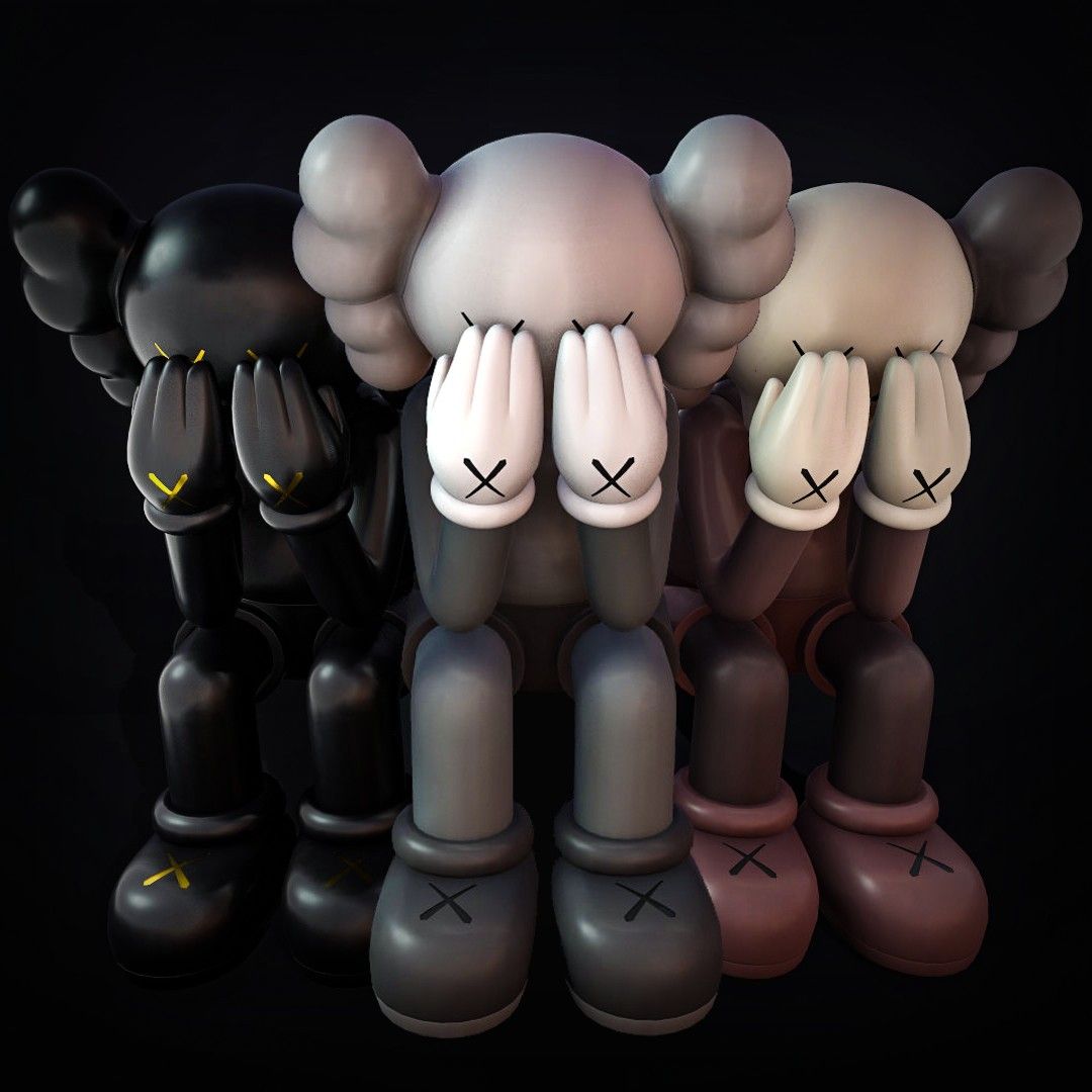 Three Kaws Companion figures sitting side by side, each covering their eyes with their hands in a 'see no evil' pose. Rendered in 4K resolution with dark background
