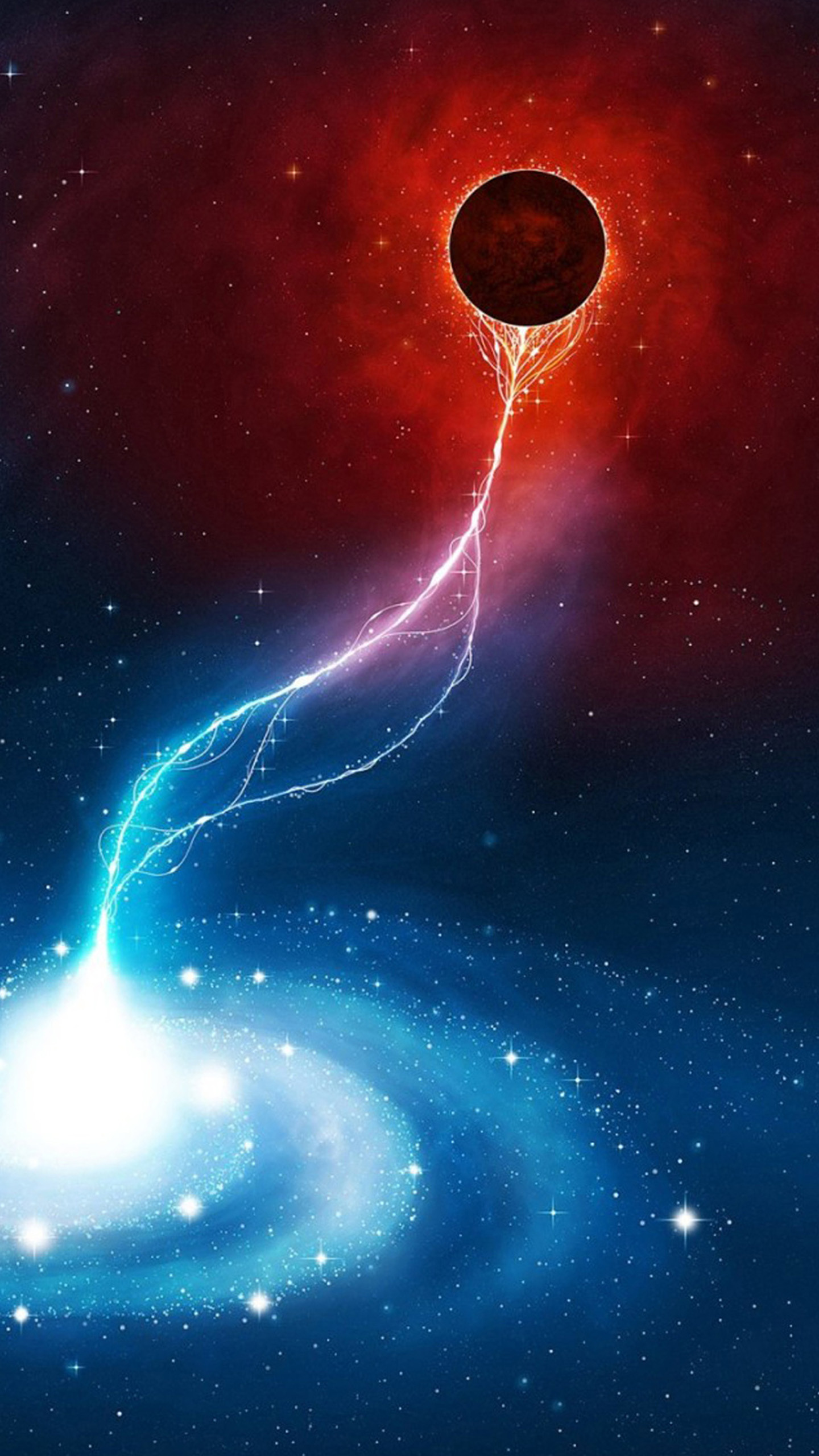 A breathtaking depiction of a cosmic energy exchange between a red nebula and a blue galaxy, with a dark celestial body at the nexus