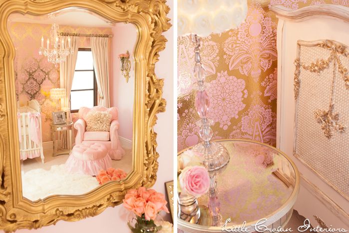 Pink and Gold Damask Wallpaper   Glam   Nursery   Photos by Little