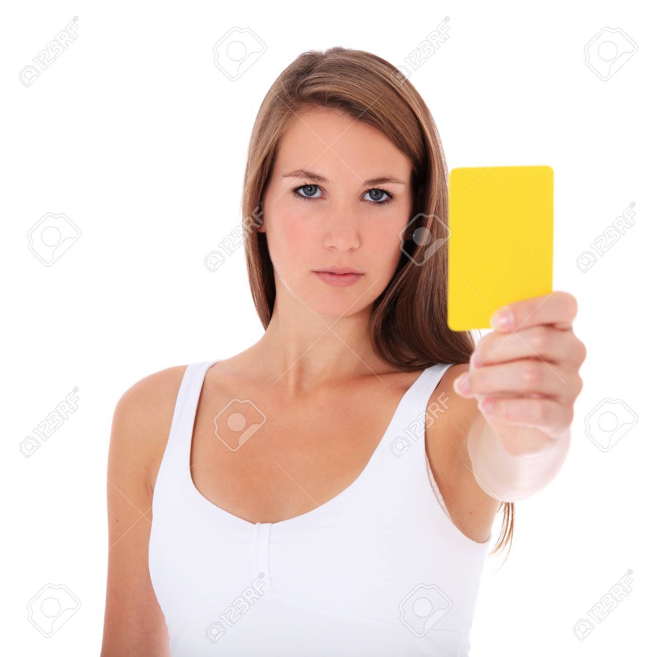 Attractive Young Woman Showing Yellow Card All On White