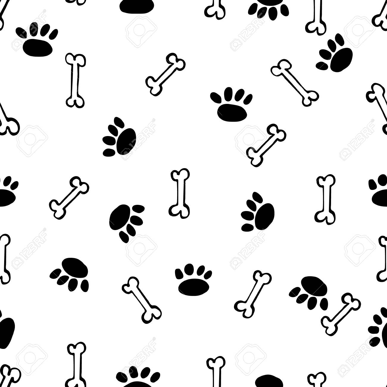 Bone And Paw Hand Drawn Dog Symbols On White Background Cute