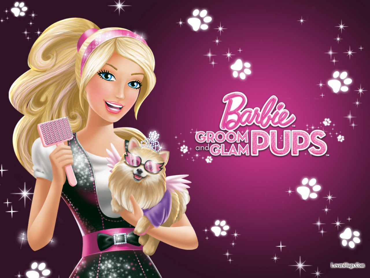 Barbie holding a puppy in a promotional image for the 'Barbie Groom and Glam Pups' movie