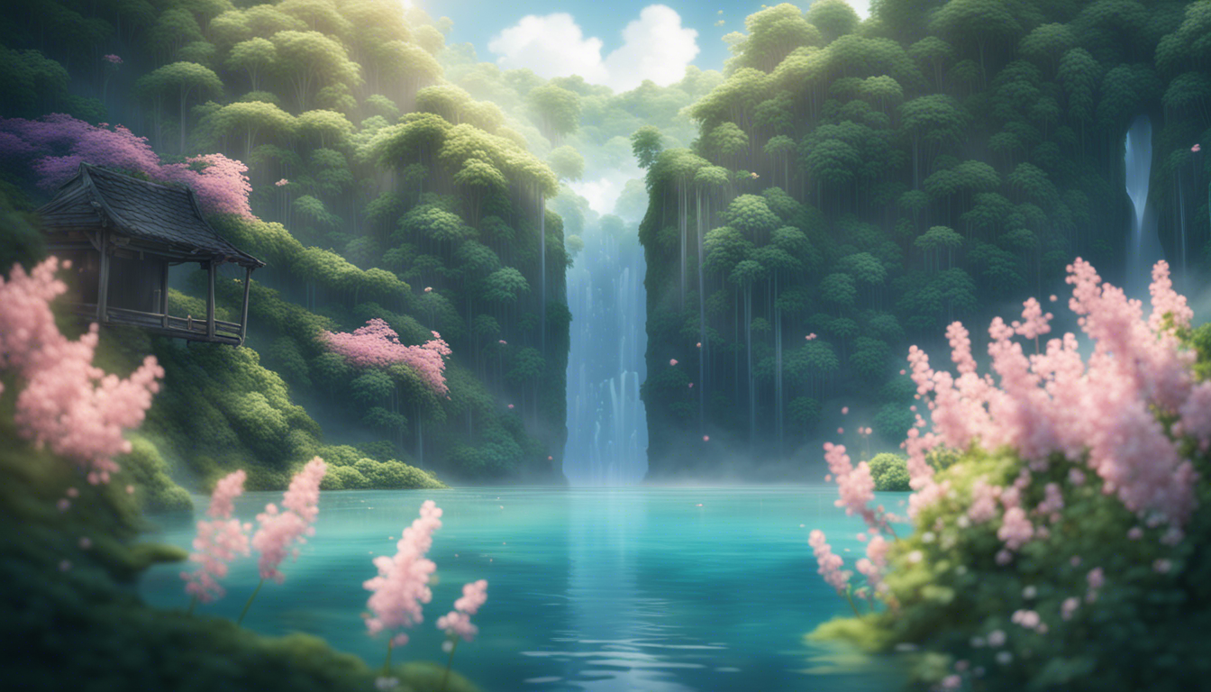 An Ethereal And Enchanting Anime Landscape Featuring A Serene Waterfall Cascading Into Crystal Clear Lake Surrounded By Lush Greenery Vibrant Flowers The Scene Should Evoke Sense Of Tranquility Beauty With Soft Lighting Delicate Details That Transport Er Peaceful Magical World