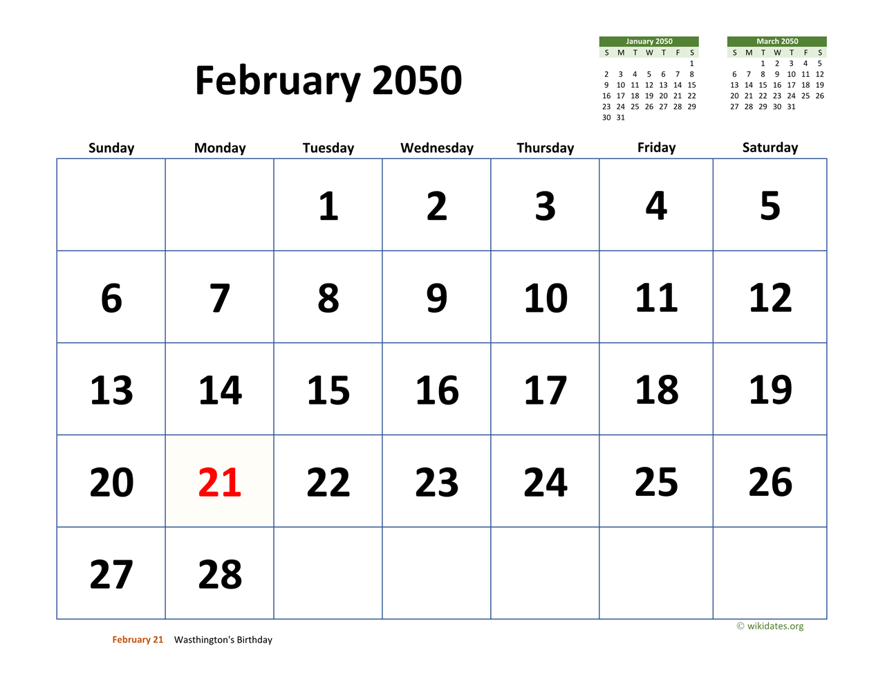 February 2050 calendar with Washington's Birthday highlighted