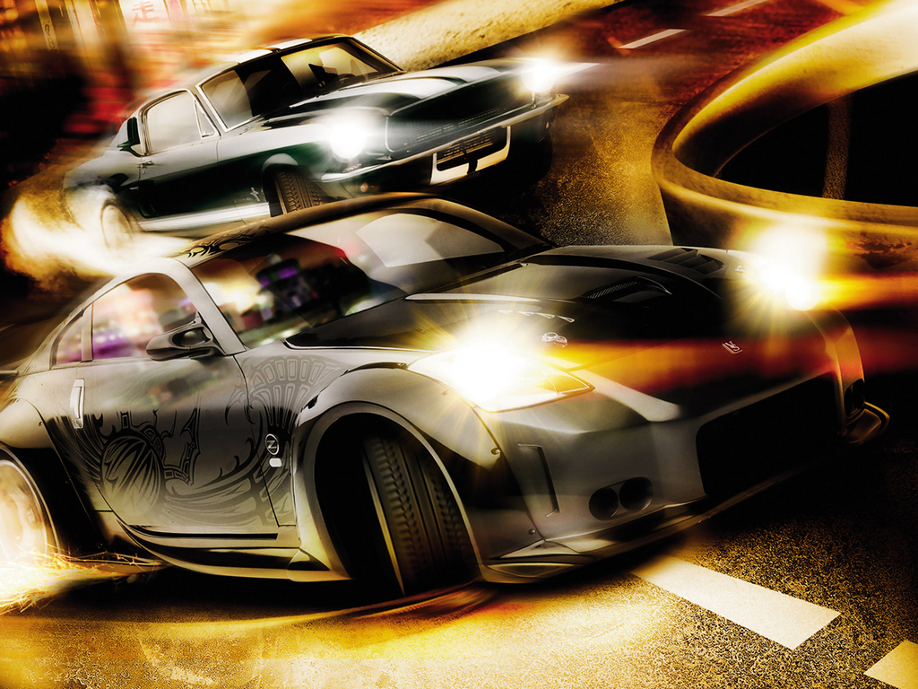 Two high-performance sports cars, a Nissan 350Z and a Ford Mustang, engaged in a thrilling street race, reminiscent of scenes from 'The Fast and the Furious' franchise