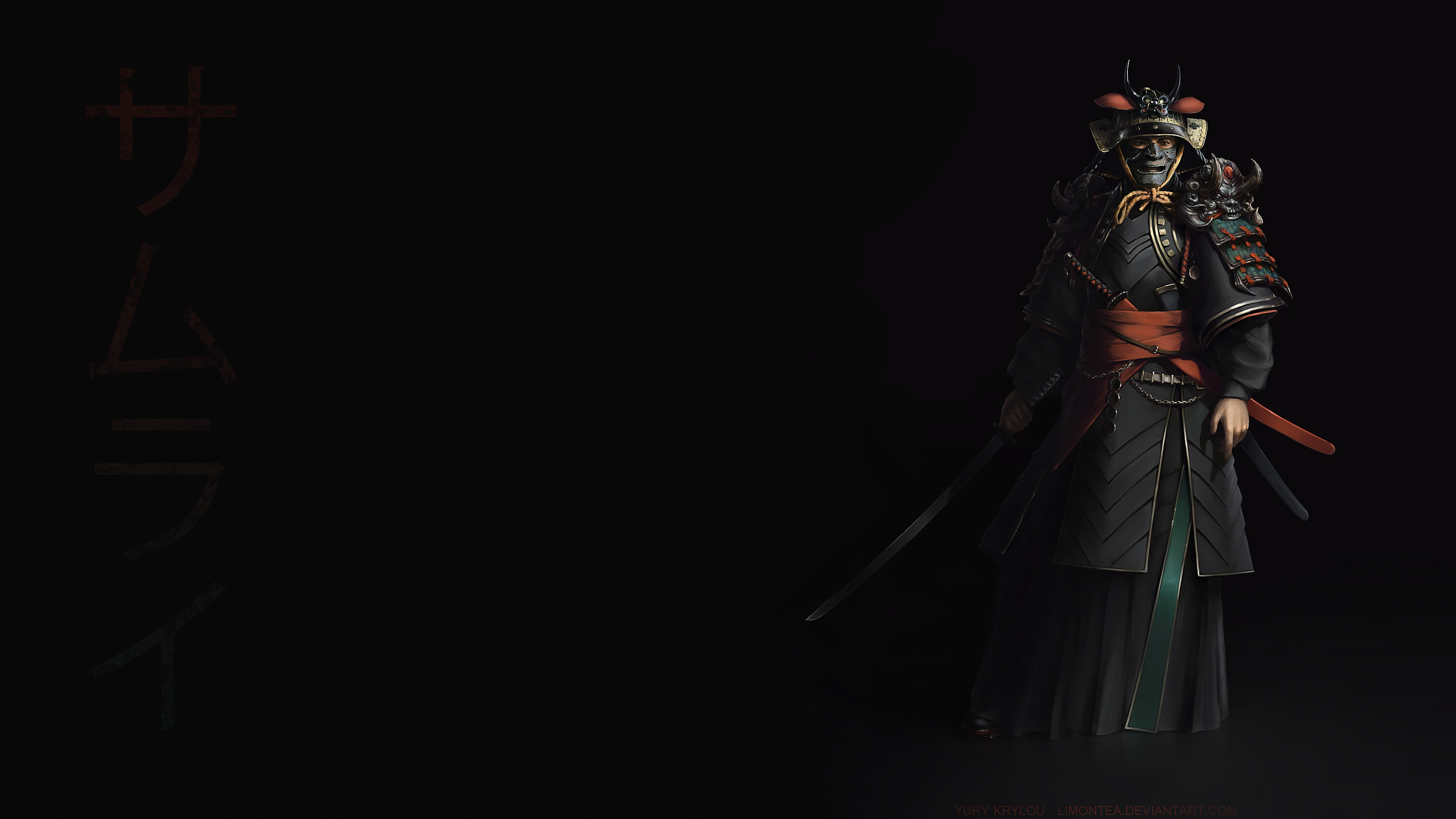 A dark, dramatic wallpaper featuring a samurai in ornate armor against a black background, with Japanese text on the left