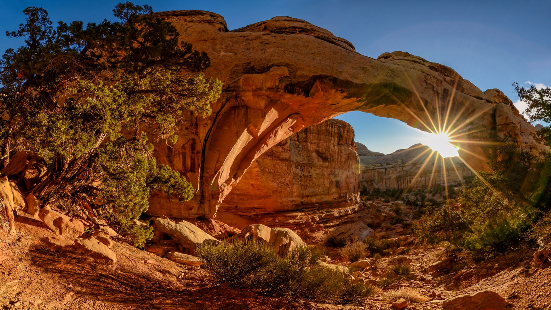 Stone Bridge Rays Sunset Landscape Arch In Arches National
