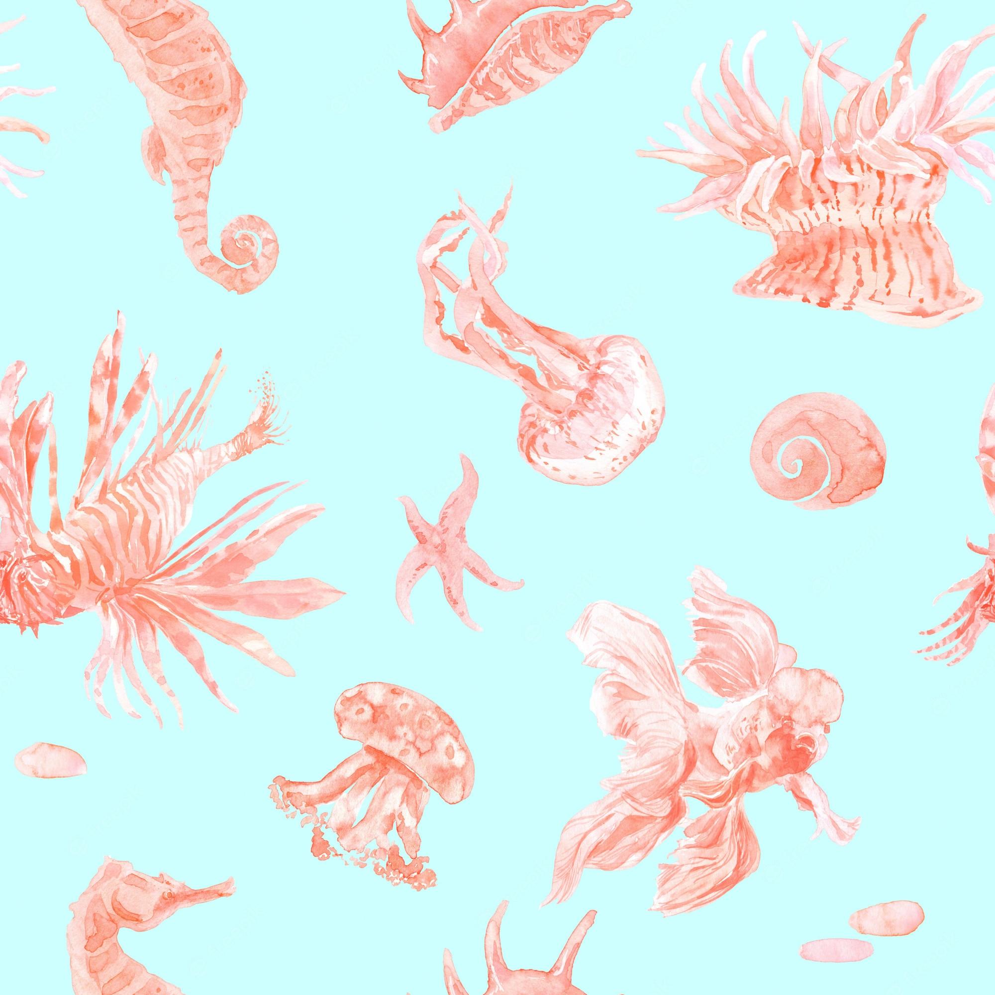 Premium Photo Pink Coral Mint Watercolor Seamless Pattern Fish