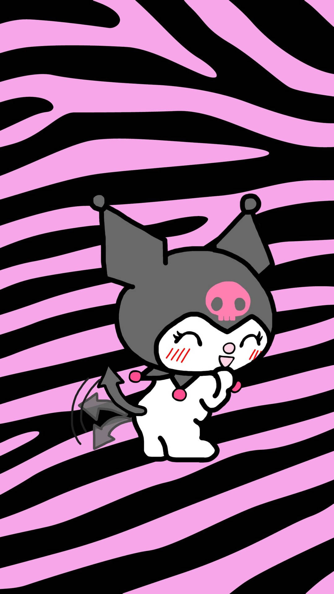A cheerful Kuromi graphic against a pink and black zebra-striped background. Kuromi is depicted with a mischievous grin, her signature skull and crossbones, and her small devil tail wagging playfully