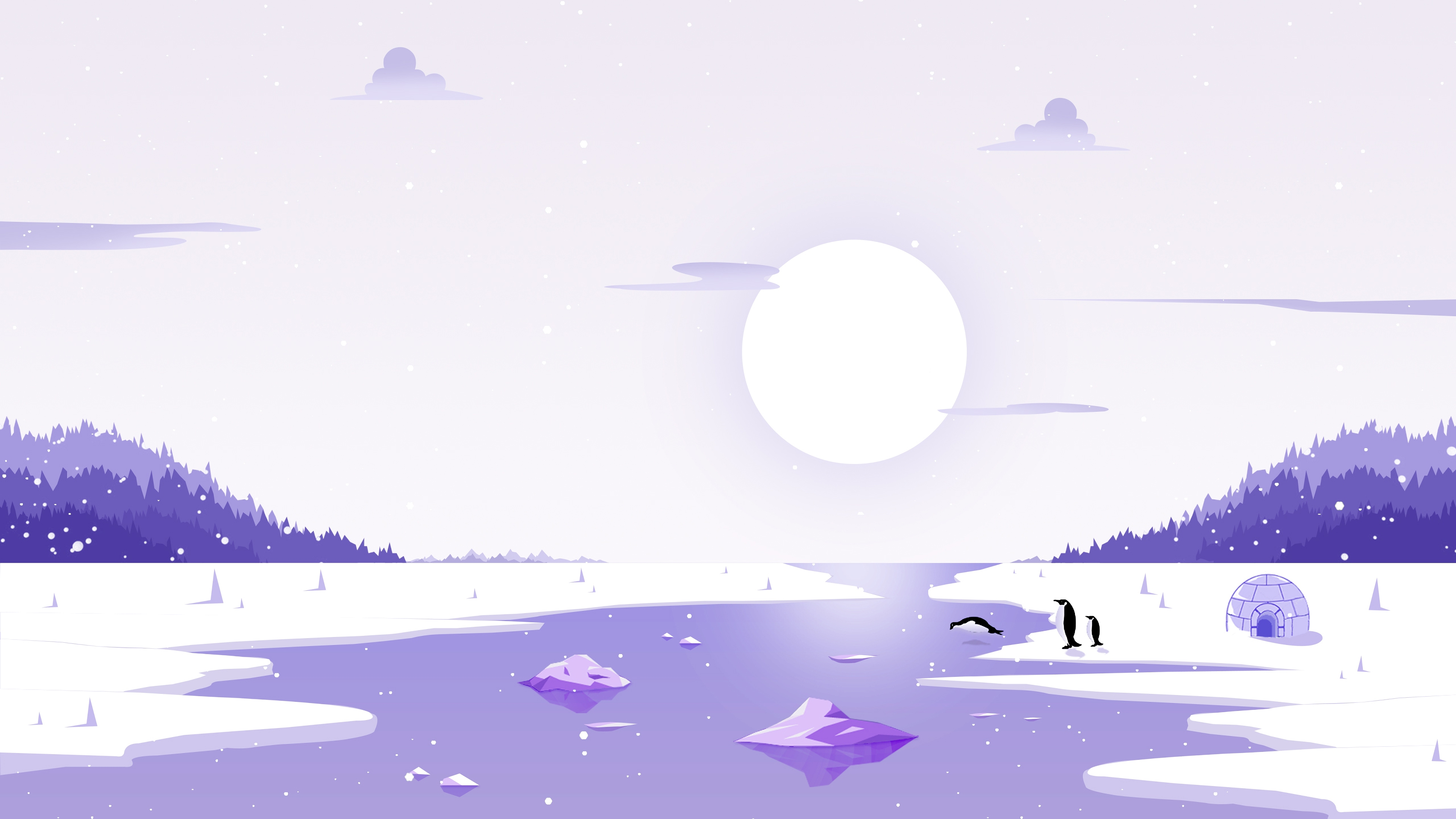 Winter Landscape Penguin Minimalist Minimalism 4k