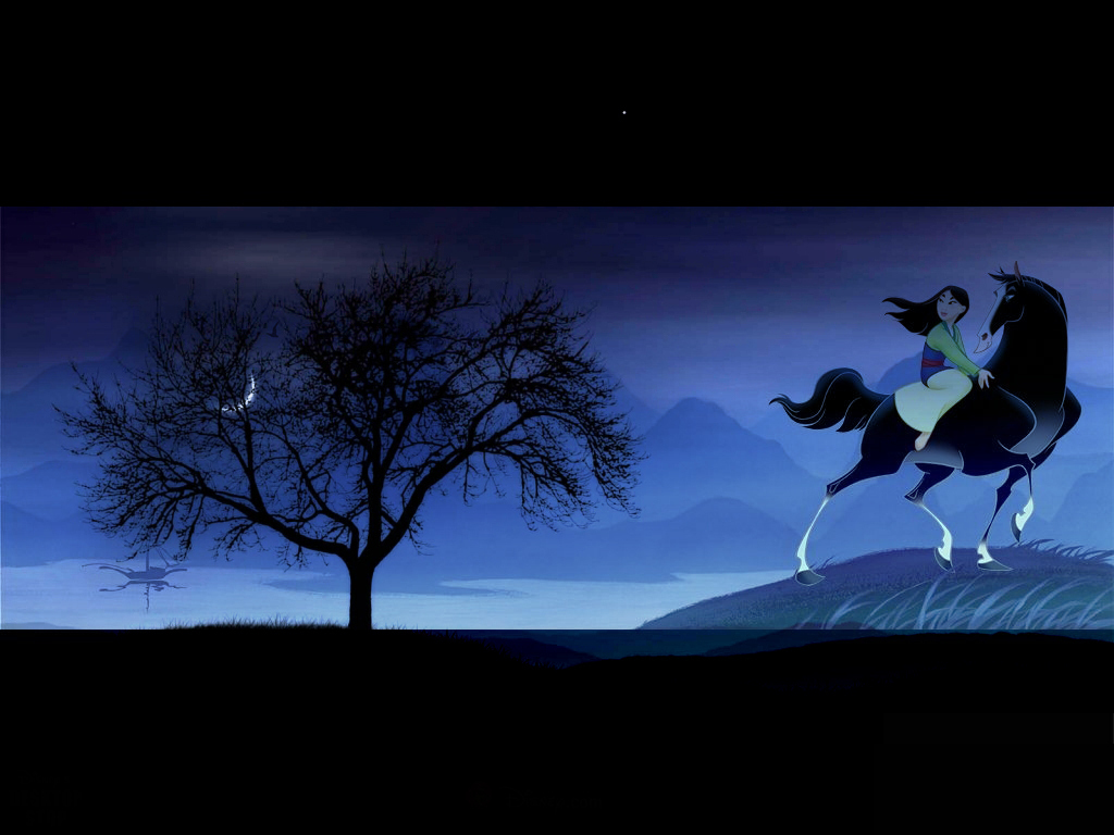 Mulan riding her horse, Khan, through a serene, moonlit landscape