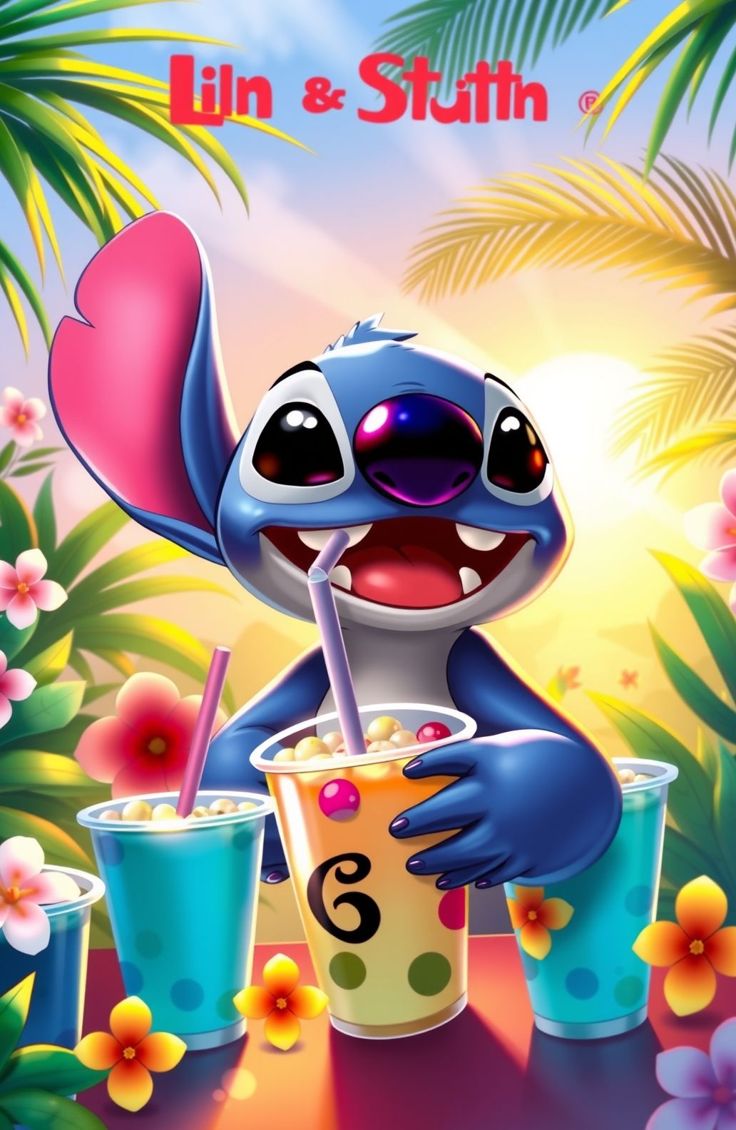 Stitch Drinking Boba Wallpaper