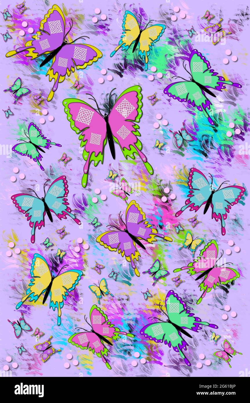 Abstract lilac background is covered with fluttering butterflies