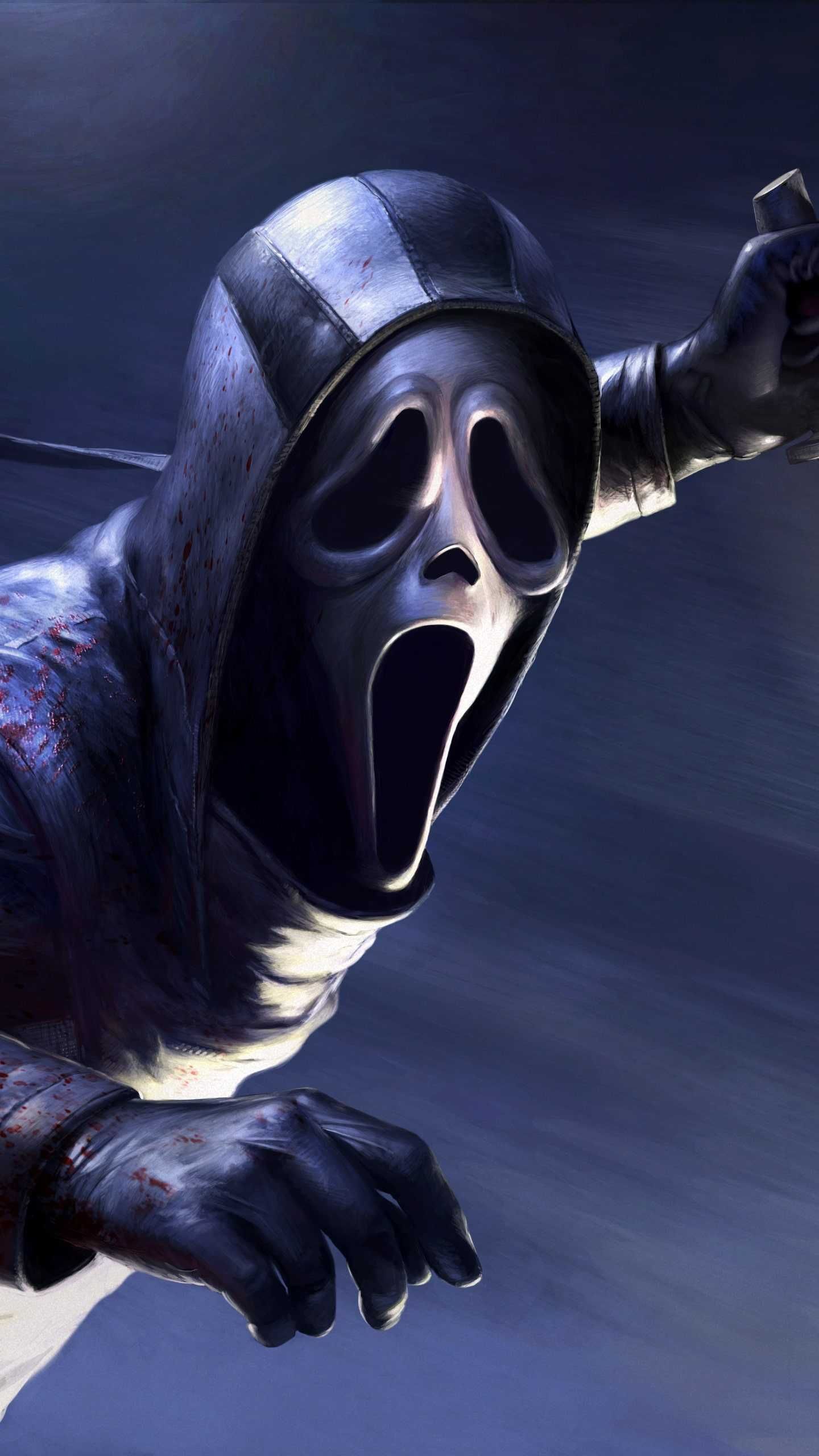 Ghostface from the Scream franchise, lunging forward with a bloody knife