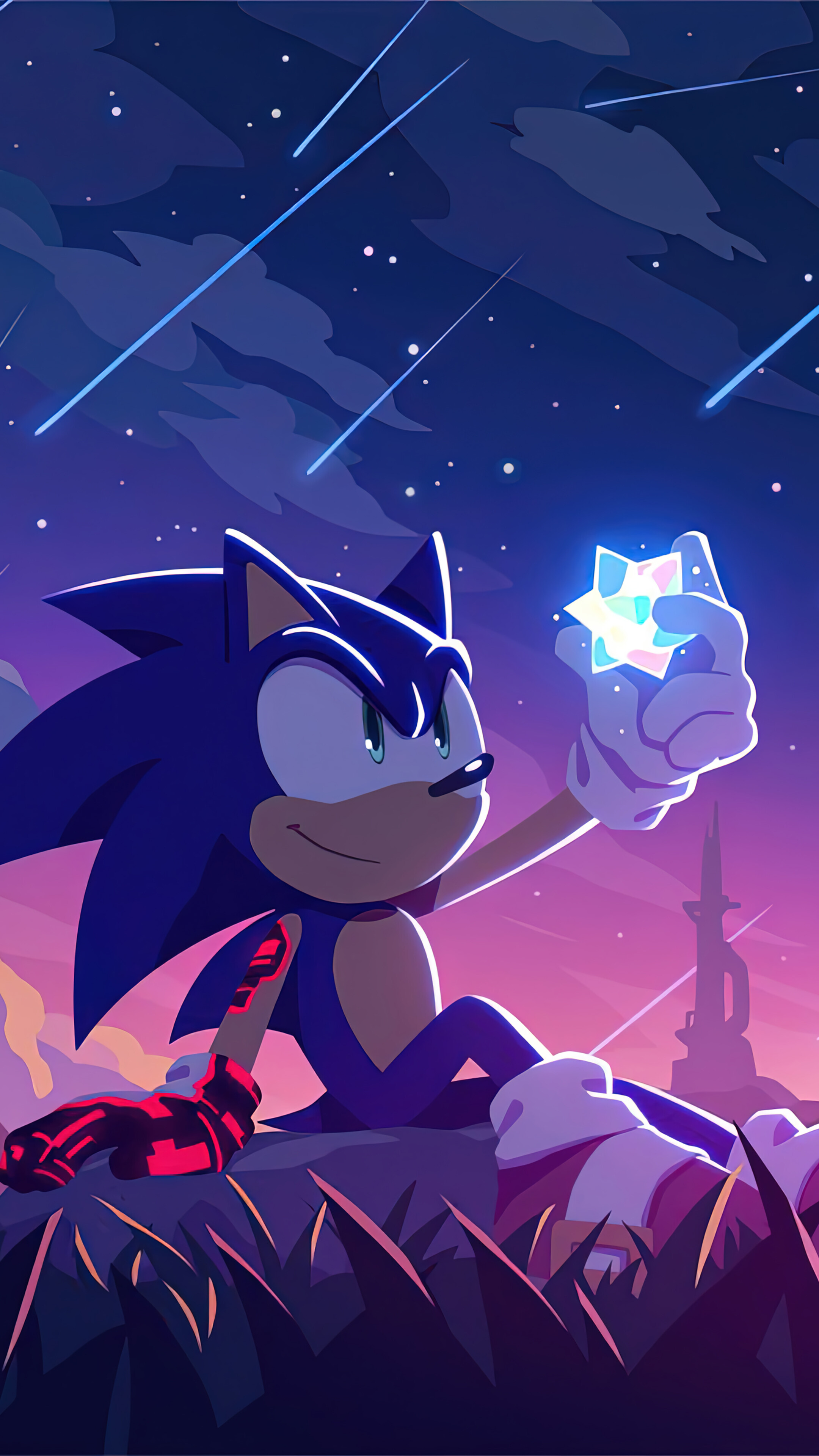 Sonic the Hedgehog holding a Chaos Emerald against a starry night sky