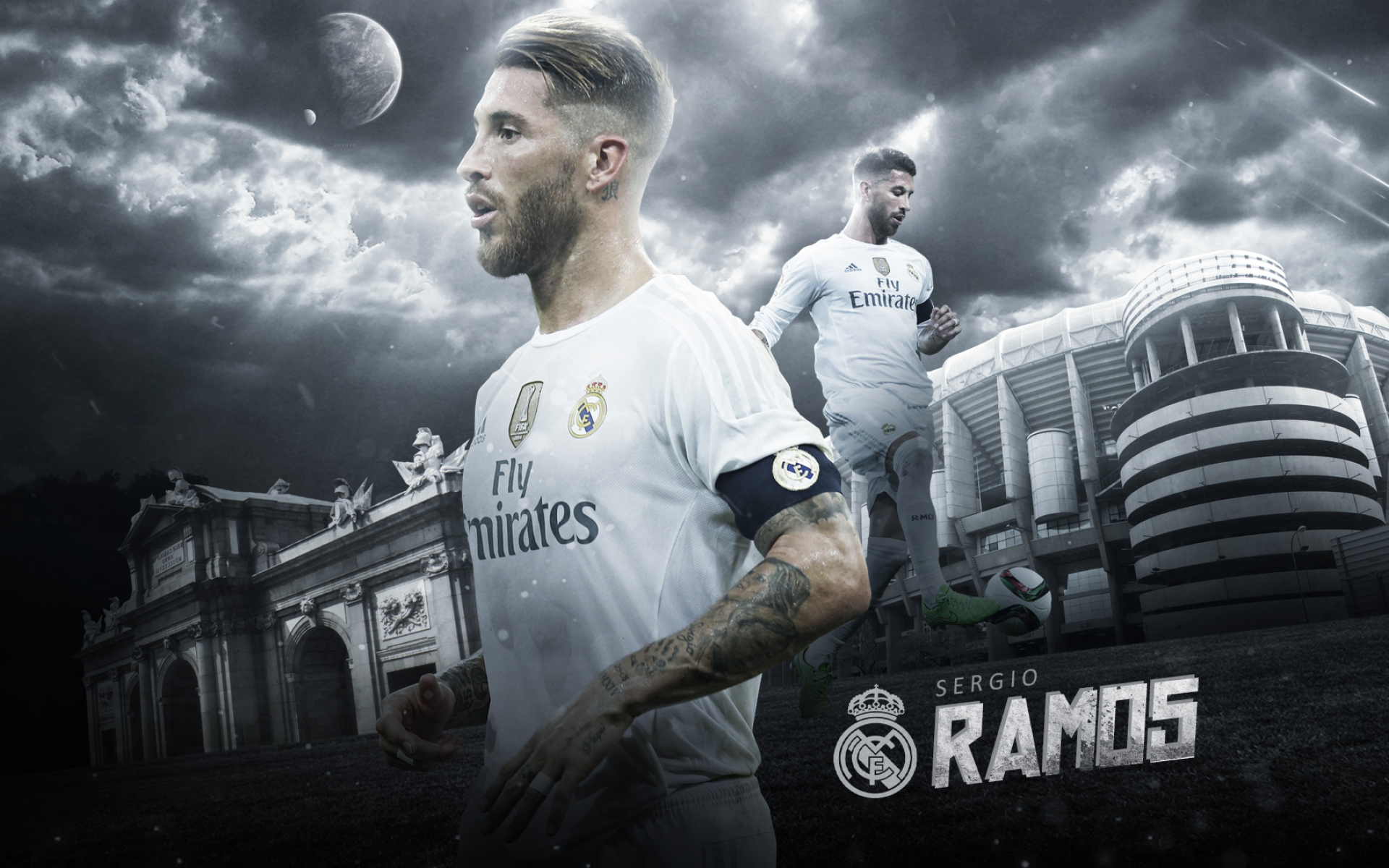 Sergio Ramos, captain of Real Madrid, in action at the Santiago Bernabéu Stadium. Real Madrid 4k wallpaper