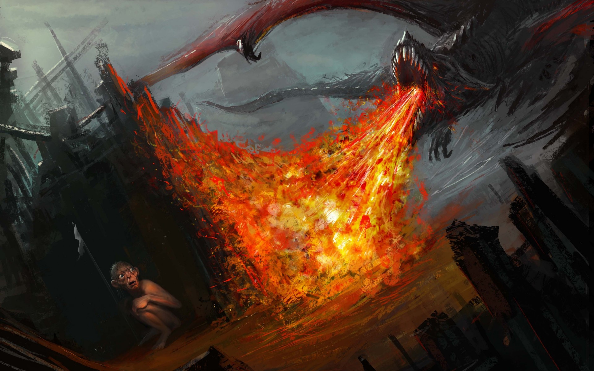Fantasy Art Gollum Dragon Lord Rings Fire Wallpaper