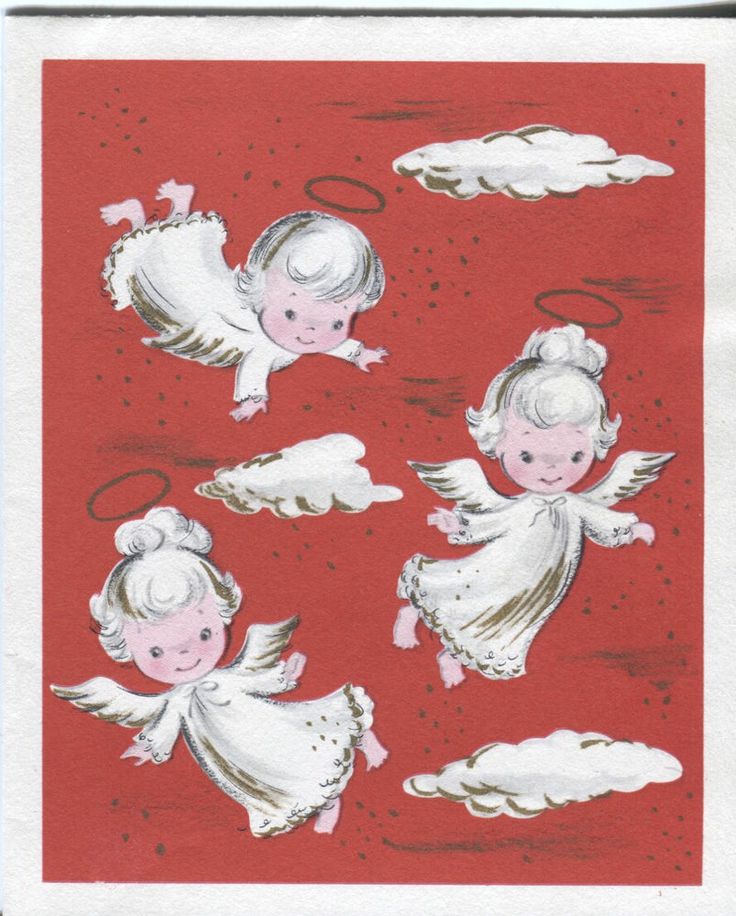 Vintage American Greetings Christmas Card Angels On Red Background