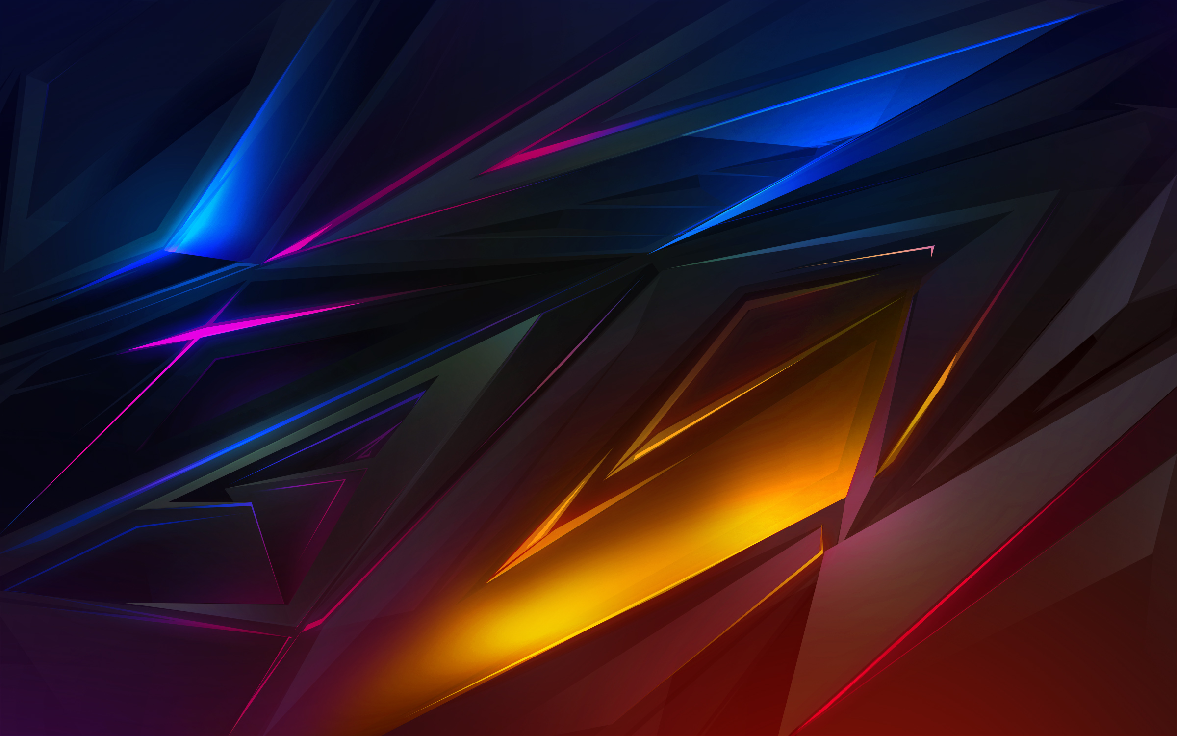 Abstract computer background with dynamic, sharp geometric shapes and glowing neon accents in blue, pink, and orange hues