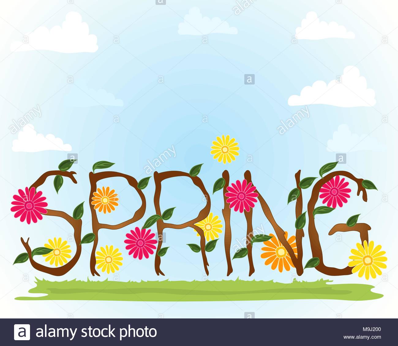 an illustration of a springtime background with flowers leaves and