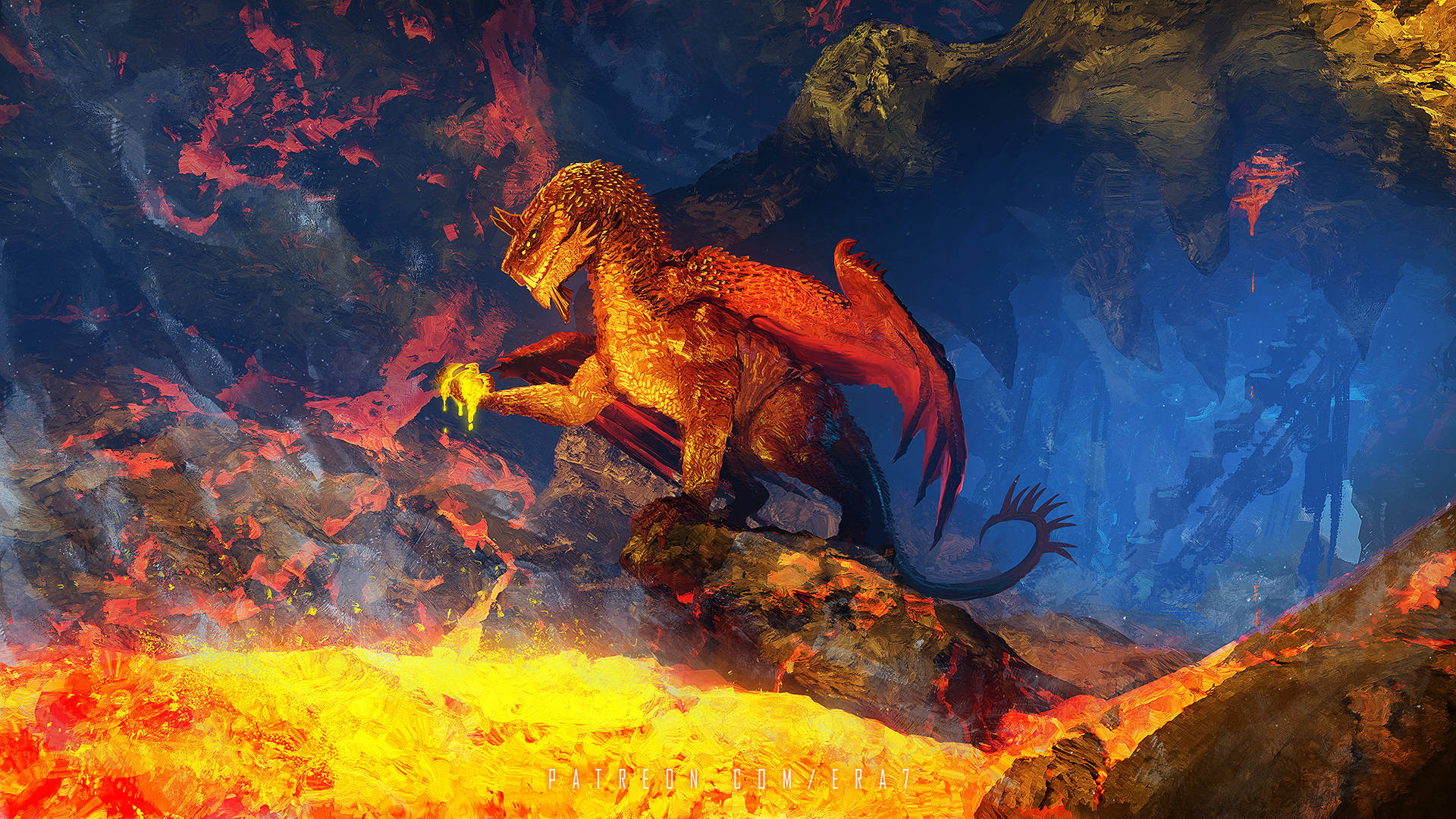 Lava Dragon Scooping Molten Wallpaper