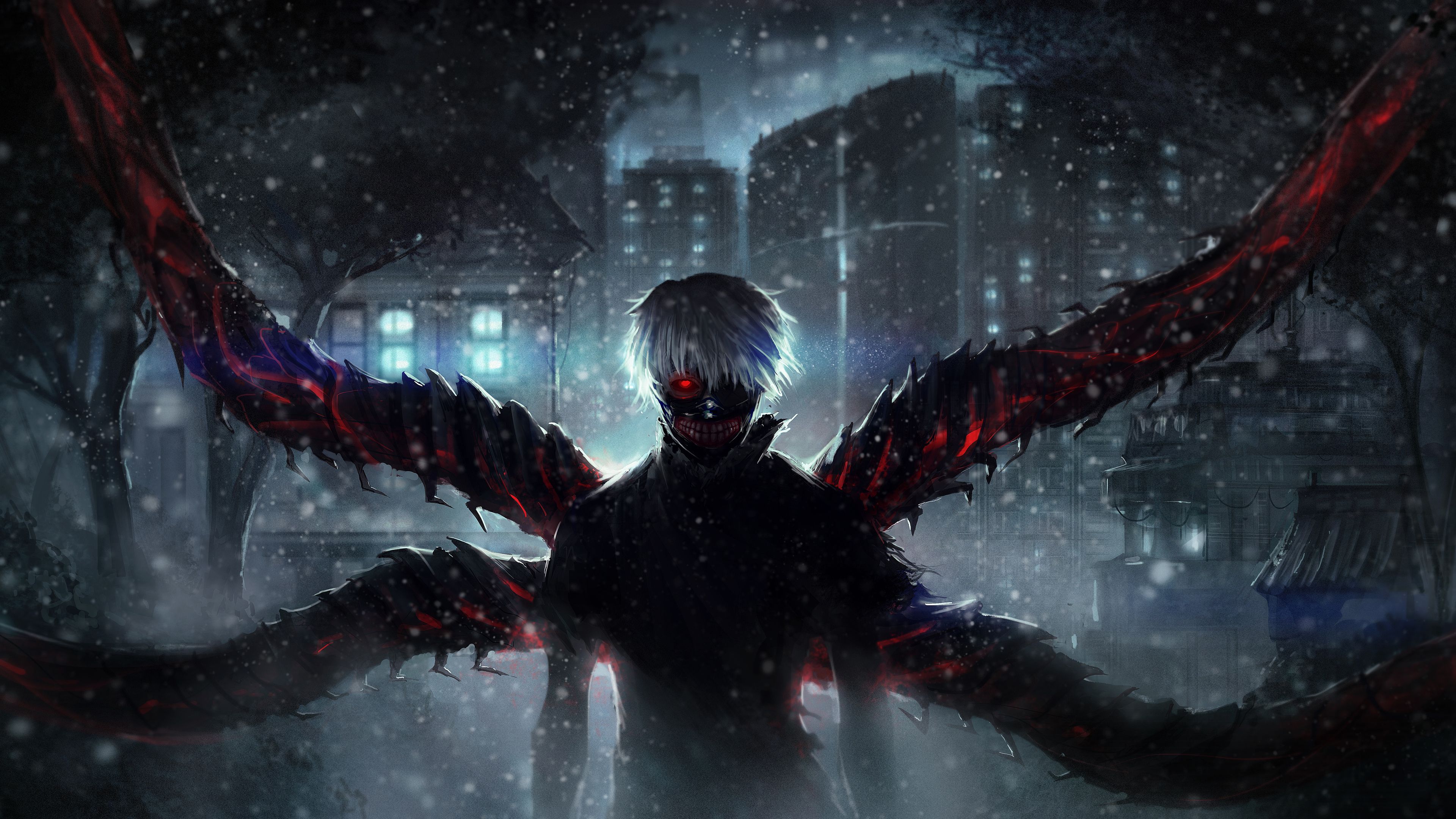 A 4K anime wallpaper featuring a ghoul with red eyes and tentacles in a snowy cityscape