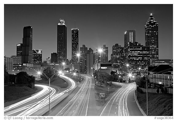 Atlanta Skyline And Highway At Night Georgia Usa Black