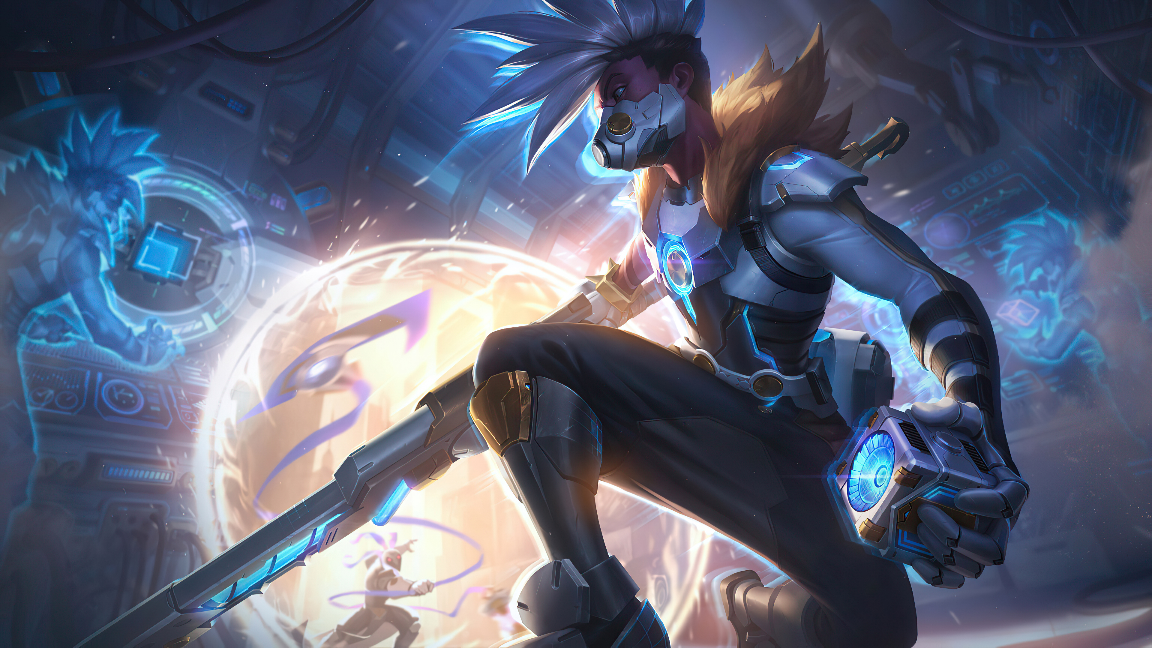 Ekko, the Boy Who Shattered Time, from League of Legends, in a dynamic action pose, wielding his Z-Drive and preparing to manipulate time