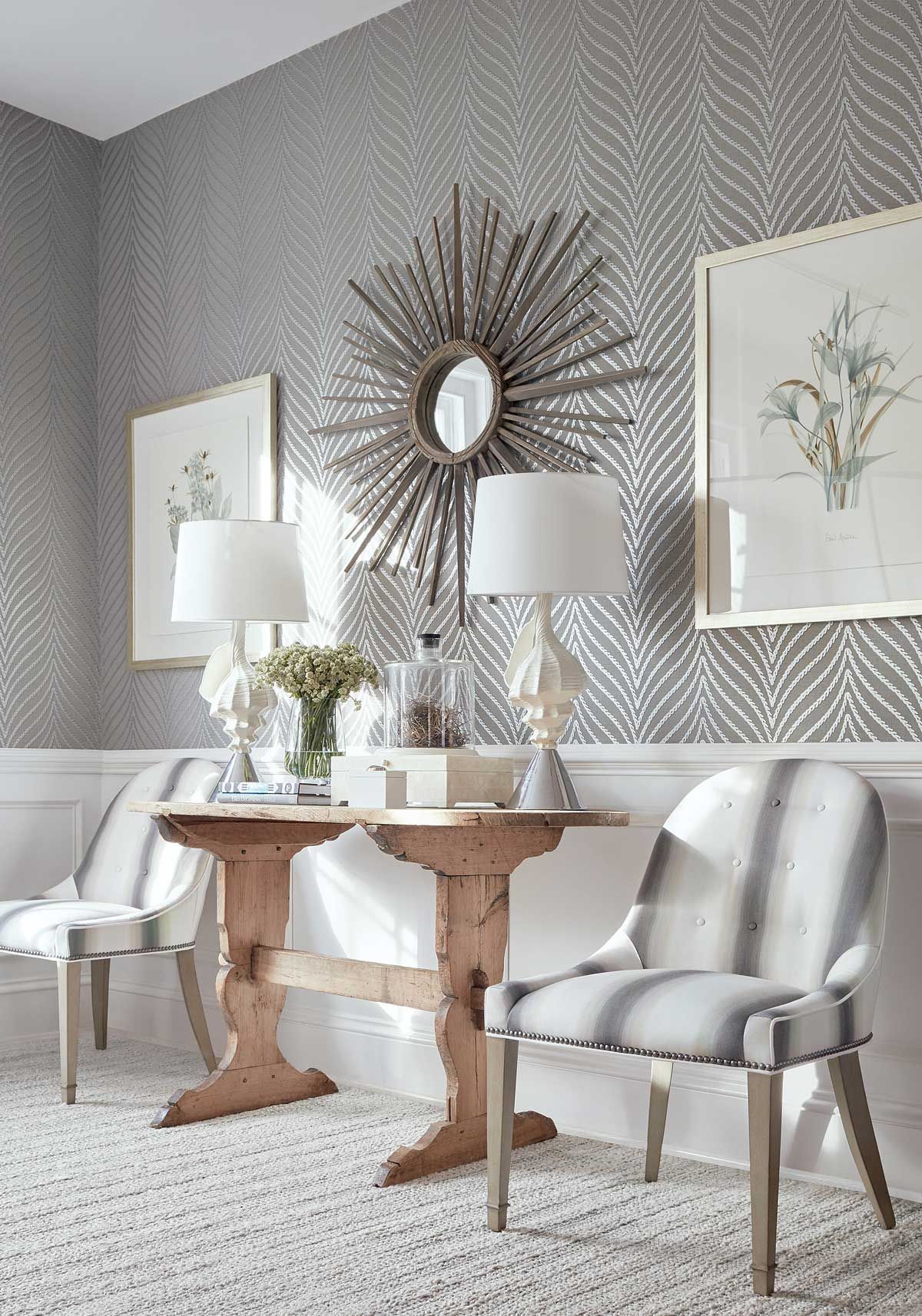 Clayton Herringbone Wallpaper Grey Living Room