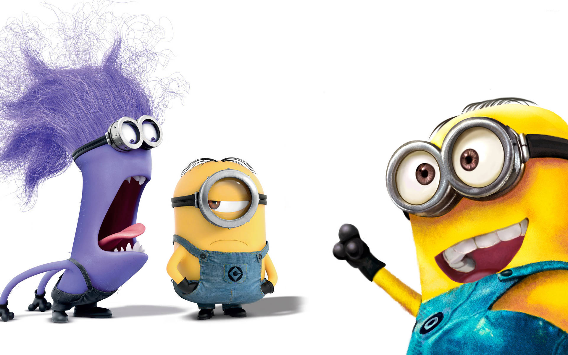 Three characters from Despicable Me: an angry purple minion, a bored yellow minion, and an excited yellow minion