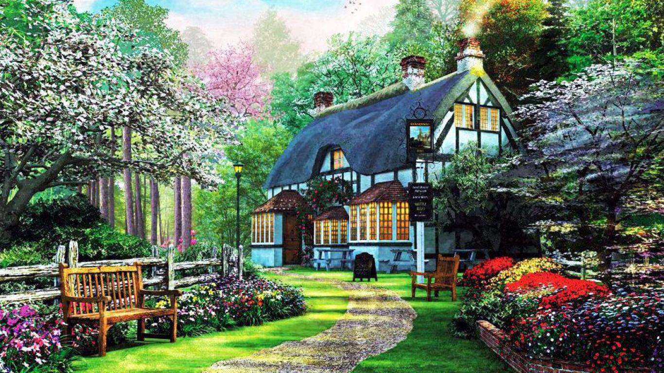 Cottage In Springtime Wallpaper HD