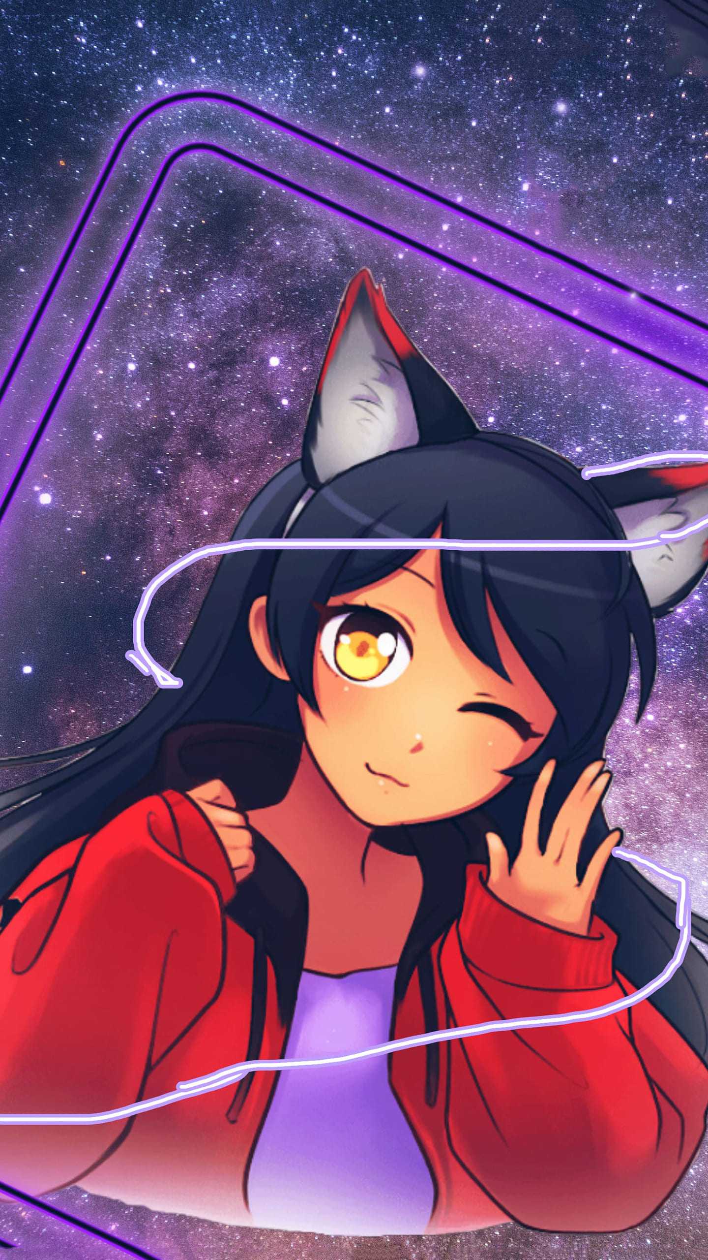 A stylized anime-style portrait of Aphmau, a popular YouTuber and gamer, against a vibrant galaxy backdrop. She is depicted with wolf ears, winking, and wearing a red hoodie, giving a playful and engaging vibe