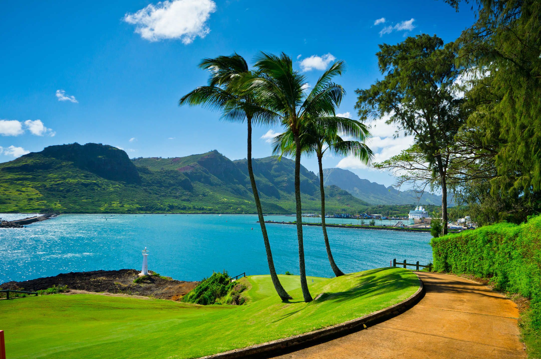 Scenic view of a golf course overlooking a turquoise bay in Hawaii, with palm trees, mountains, and a cruise ship in the background
