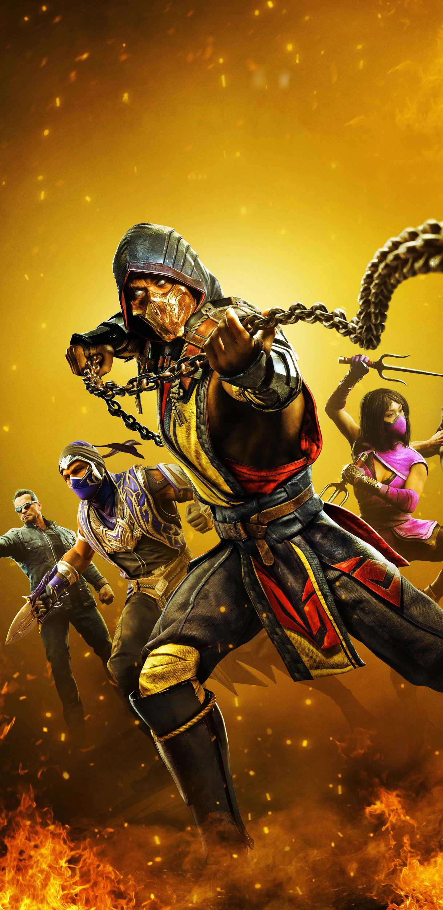 Mortal Kombat characters fighting against a fiery backdrop