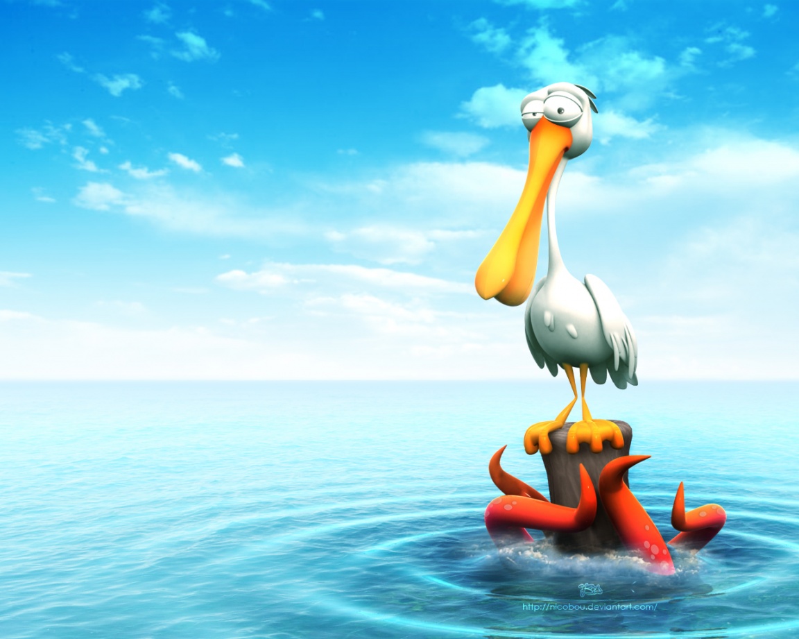 A comical cartoon pelican perched on a small rock in the ocean, seemingly unaware of the orange octopus tentacles emerging from beneath