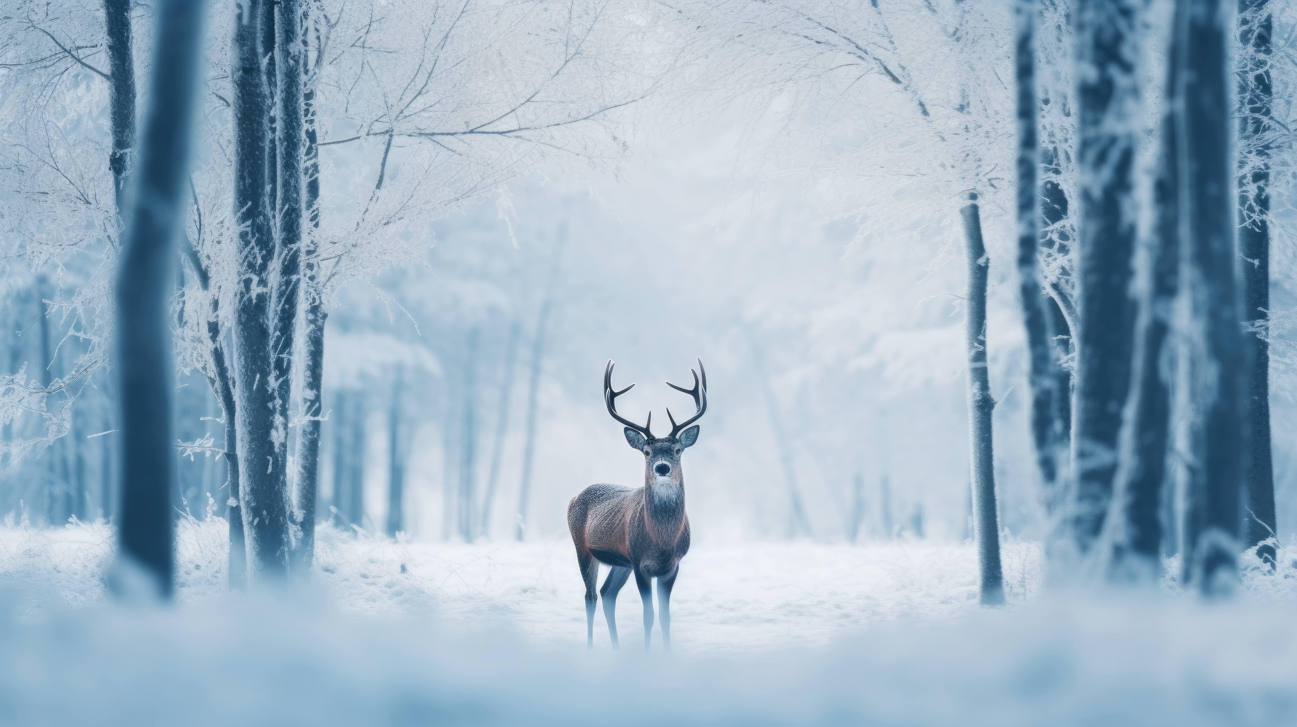 A Snowy Winter Landscape With The Silhouette Of Deer Captures