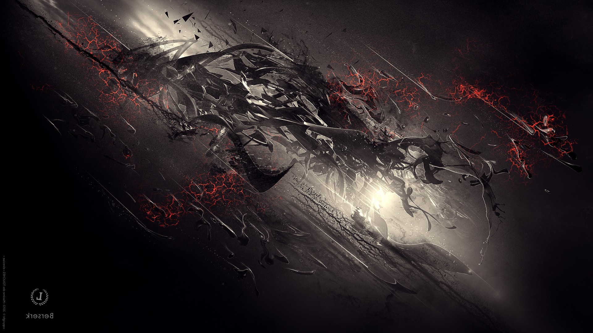 Abstract art wallpaper with dark, swirling shapes and hints of red, evoking a sense of cosmic chaos or a disintegrating structure