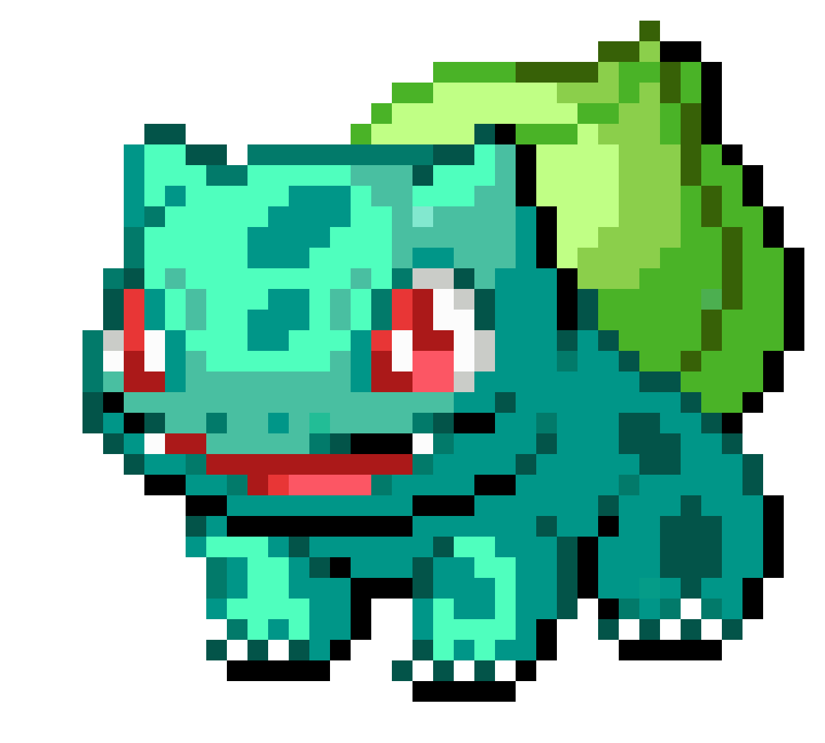 Pixel art depiction of Bulbasaur, a popular Grass-type Pokémon, against a black background. This nostalgic 8-bit style evokes the classic Pokémon games