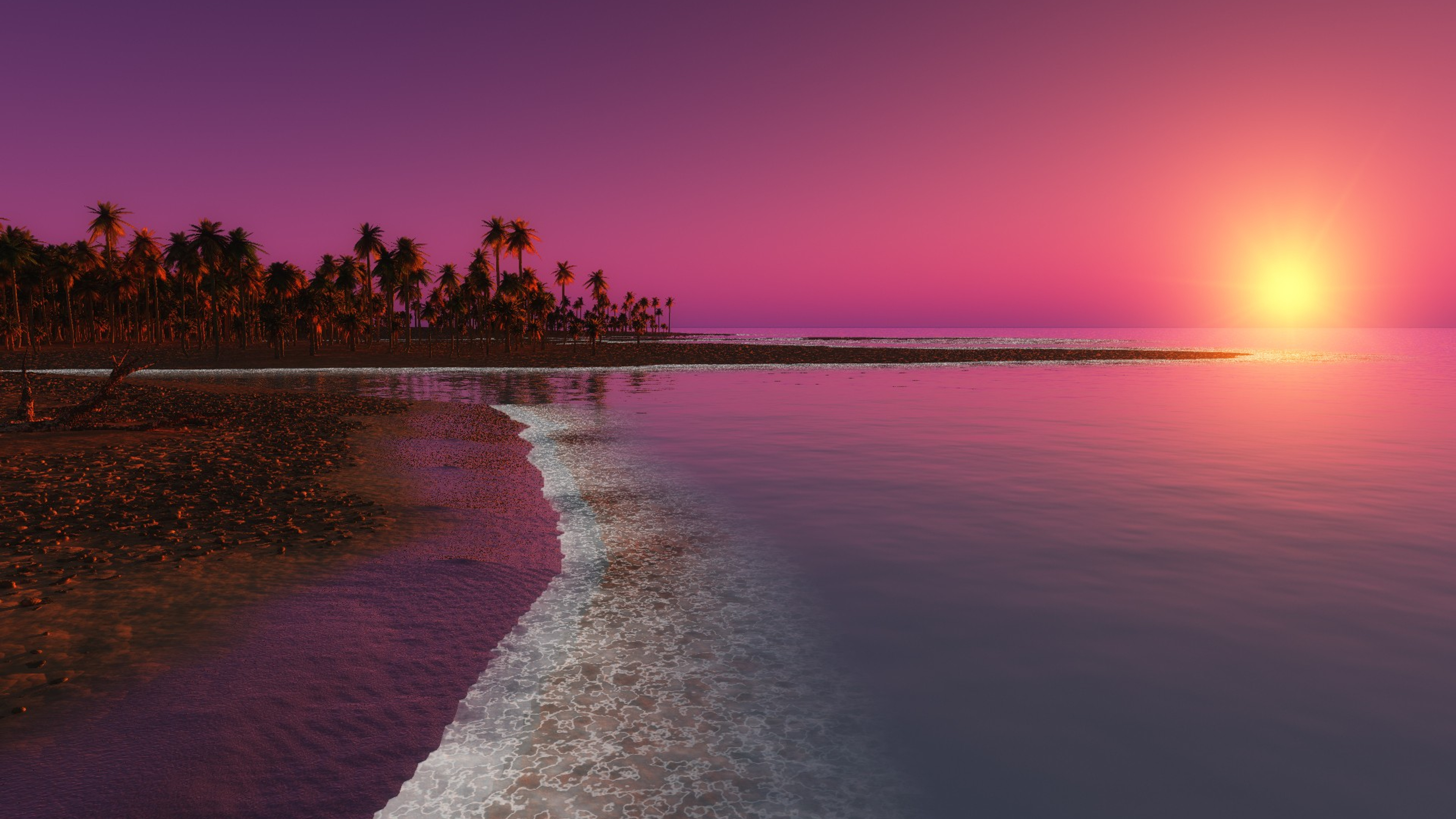 A breathtaking 4K wallpaper of a tropical beach at sunset. Palm trees sway gently in the breeze as the sun dips below the horizon, casting a warm pink and purple glow across the sky and ocean
