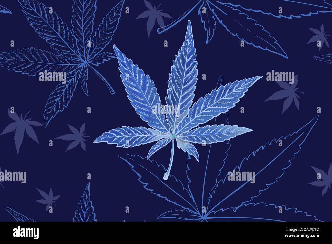 Seamless Pattern Of Cannabis Leaves Blue Or Turquoise