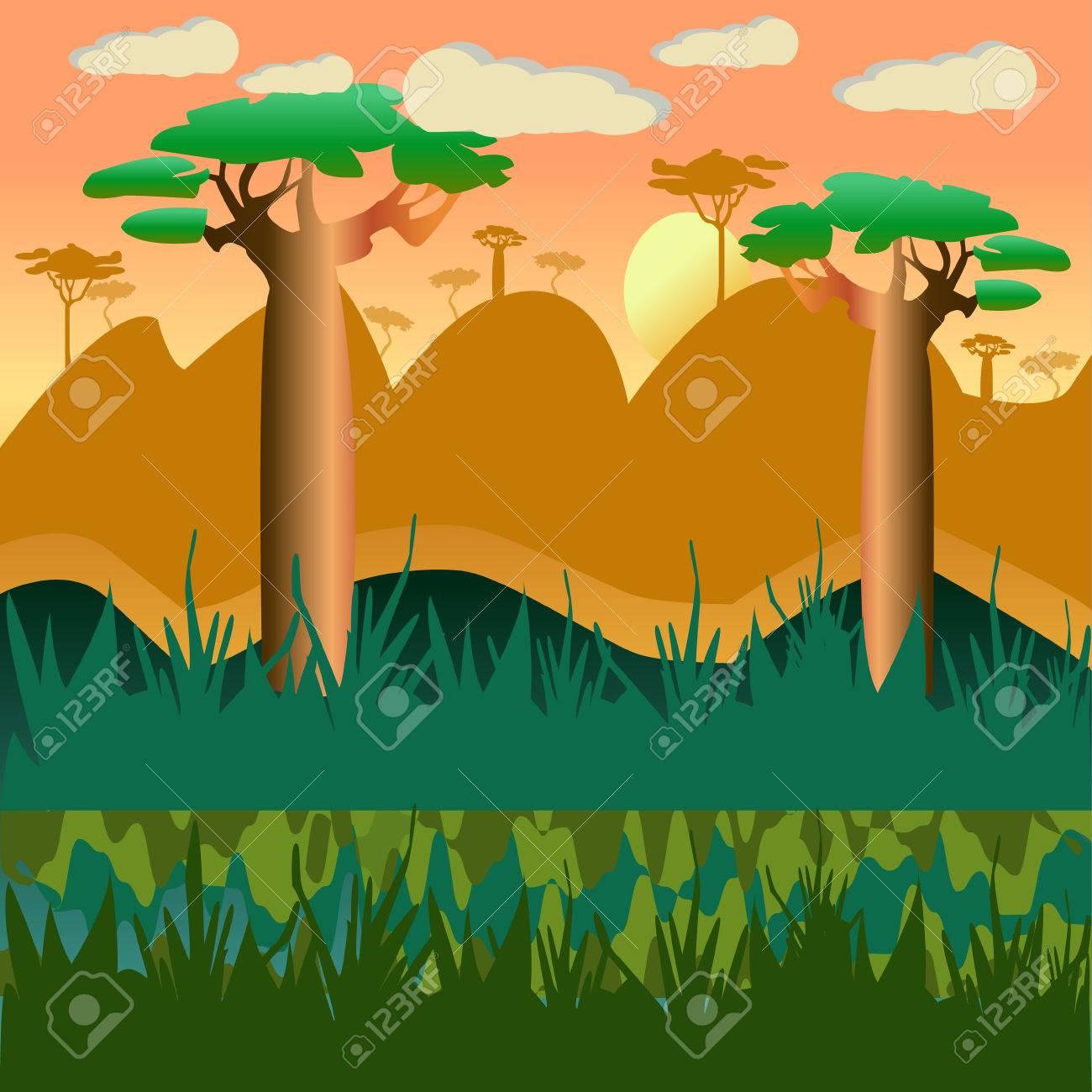 Vector Cartoon African Natural Landscape Background With Baobab