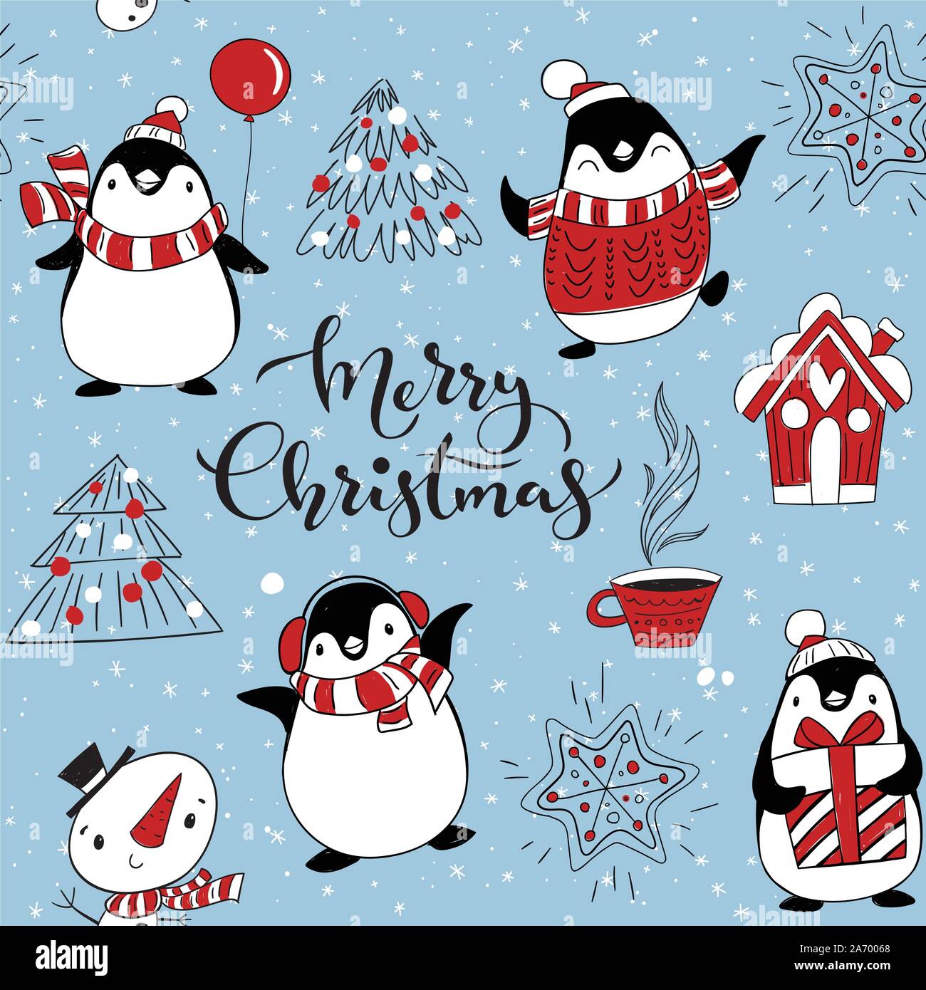 Vector Seamless Pattern For Winter Holidays With Cute Penguins And