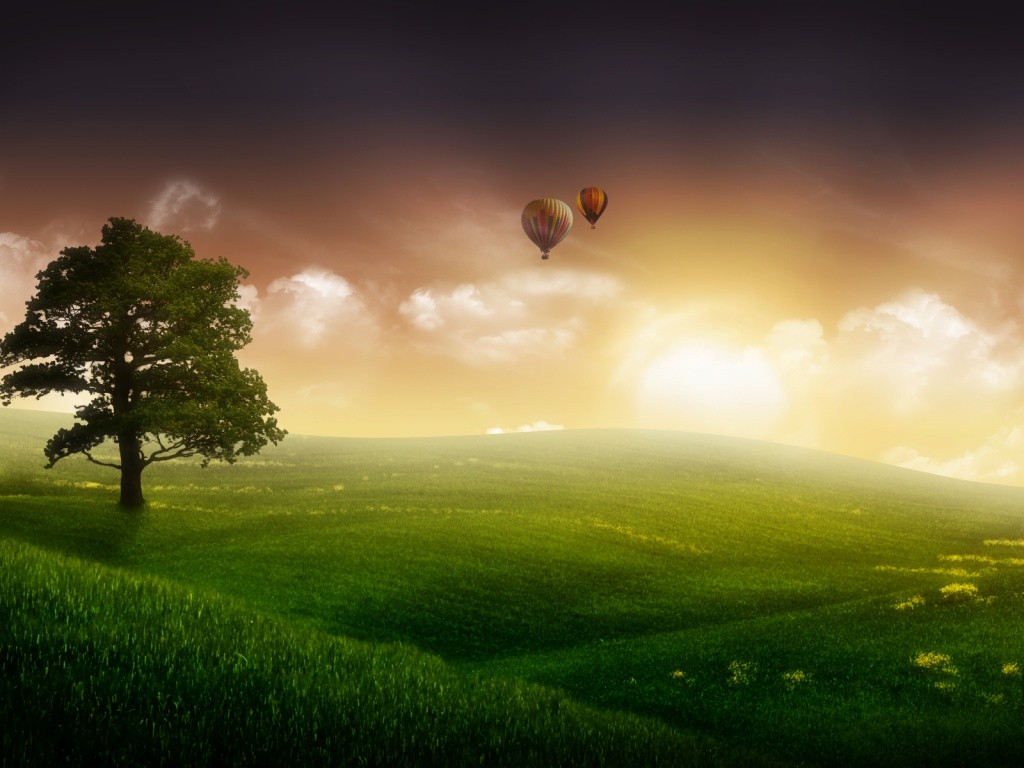 Serene landscape with hot air balloons at sunrise
