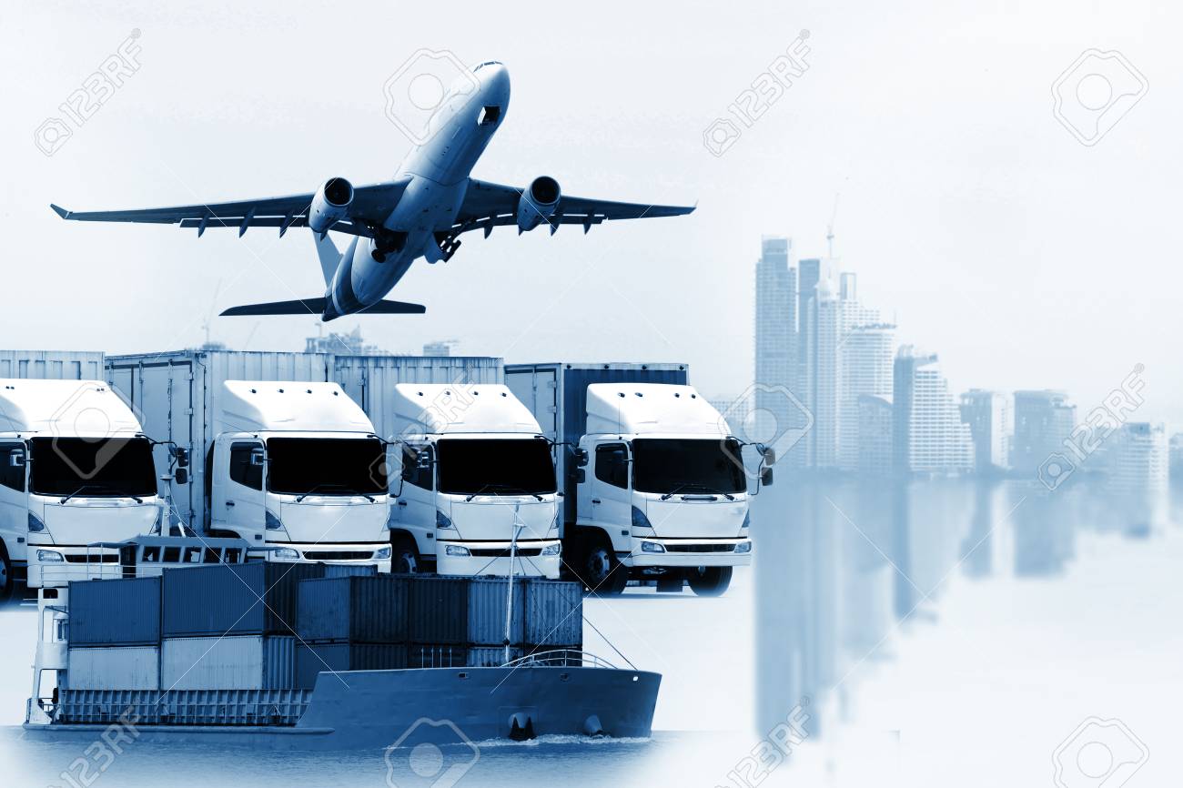 Shipping Delivery Car Ship Plane Transport On City Background