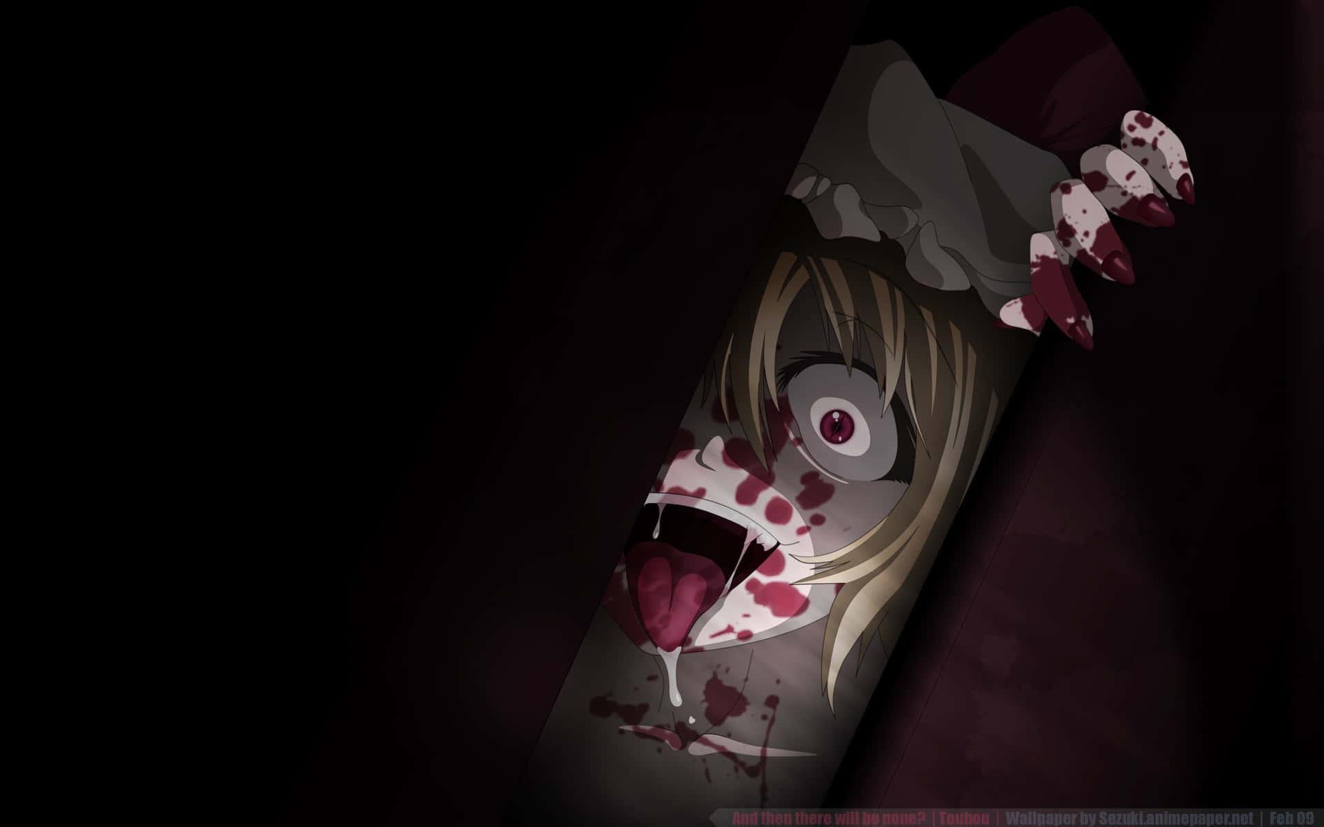 A Girl With Bloody Eyes Peeking Out Of Dark Room